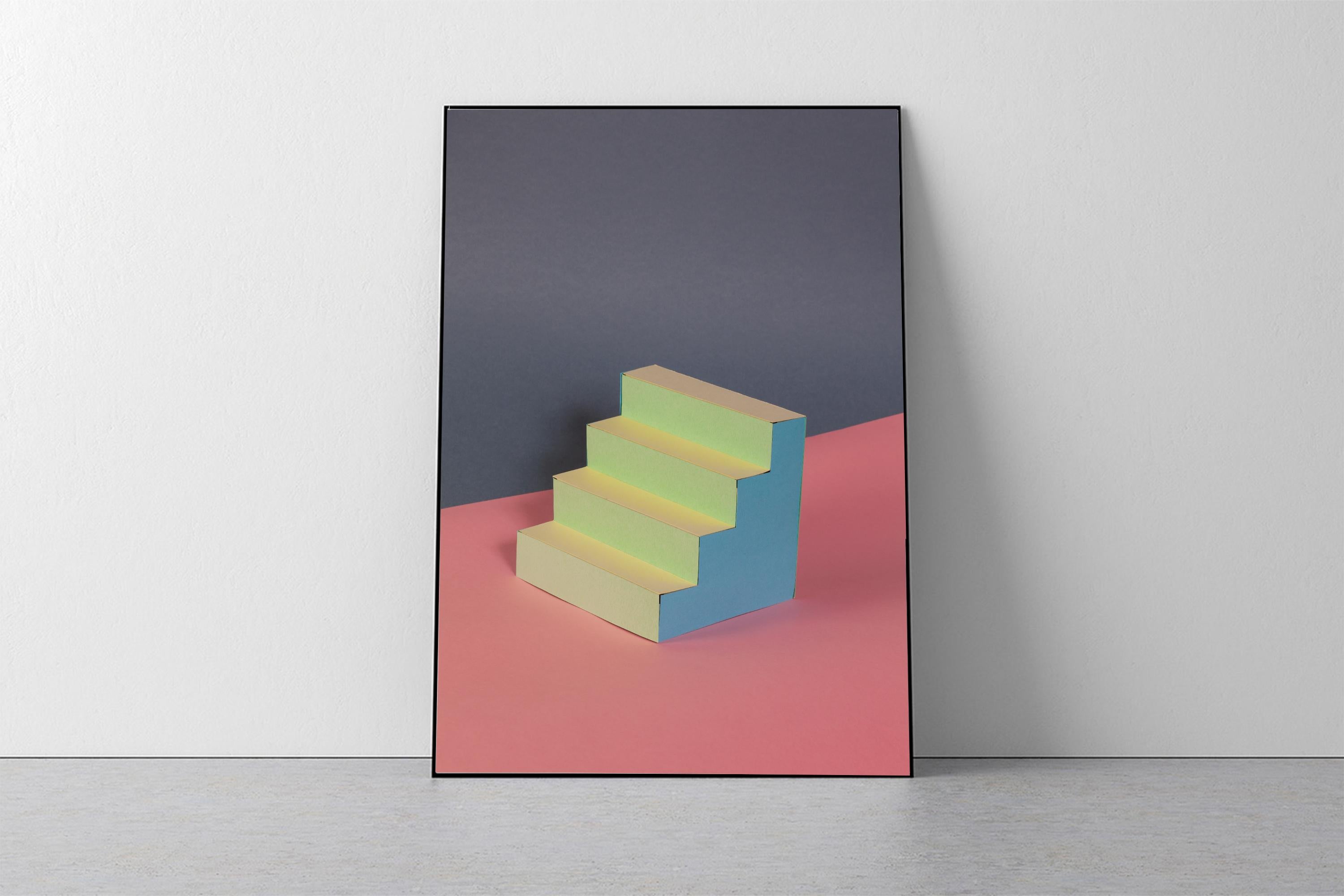 Naif Architecture in Pastellfarben, Contemporary Stairs, Sol Lewitt Style (Grau), Interior Print, von Ryan Rivadeneyra