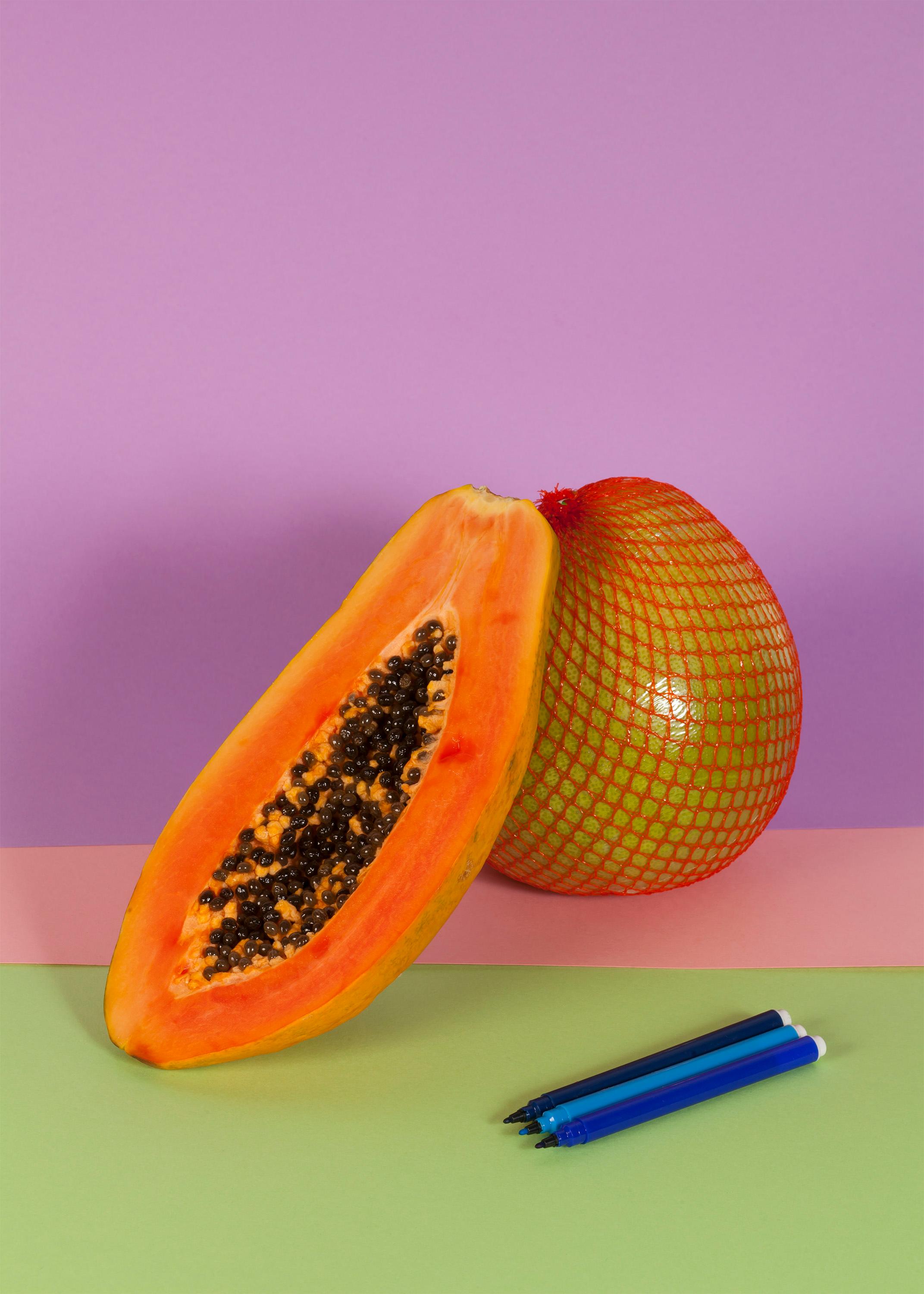 Burnt Orange Papaya, Contemporary Still Life, Tropical Fruits, Exotic Fruit   