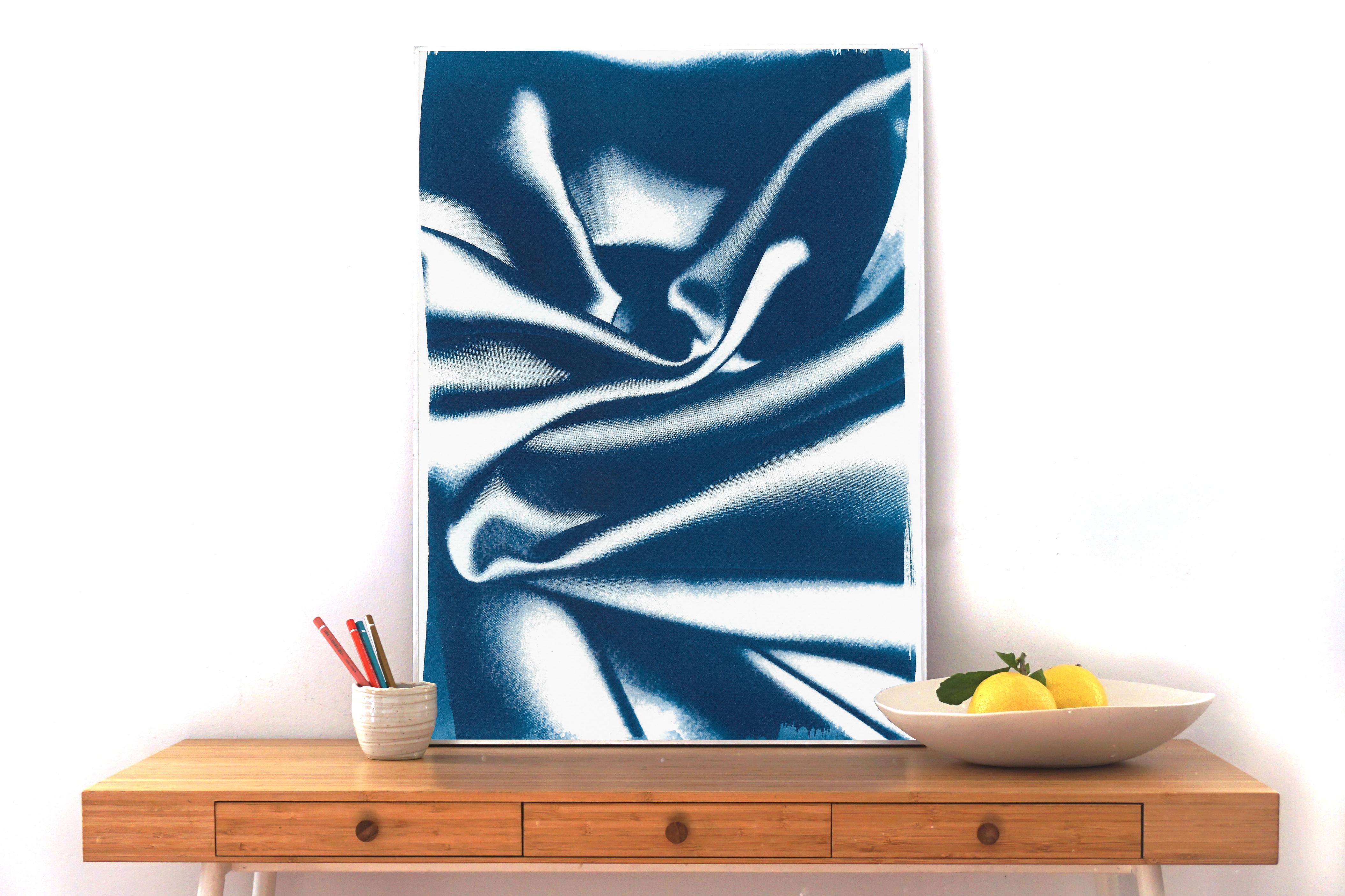 Abstract Wavy Fabric Pattern in Classic Blue, Subtle Gesture Cyanotype Print 1
