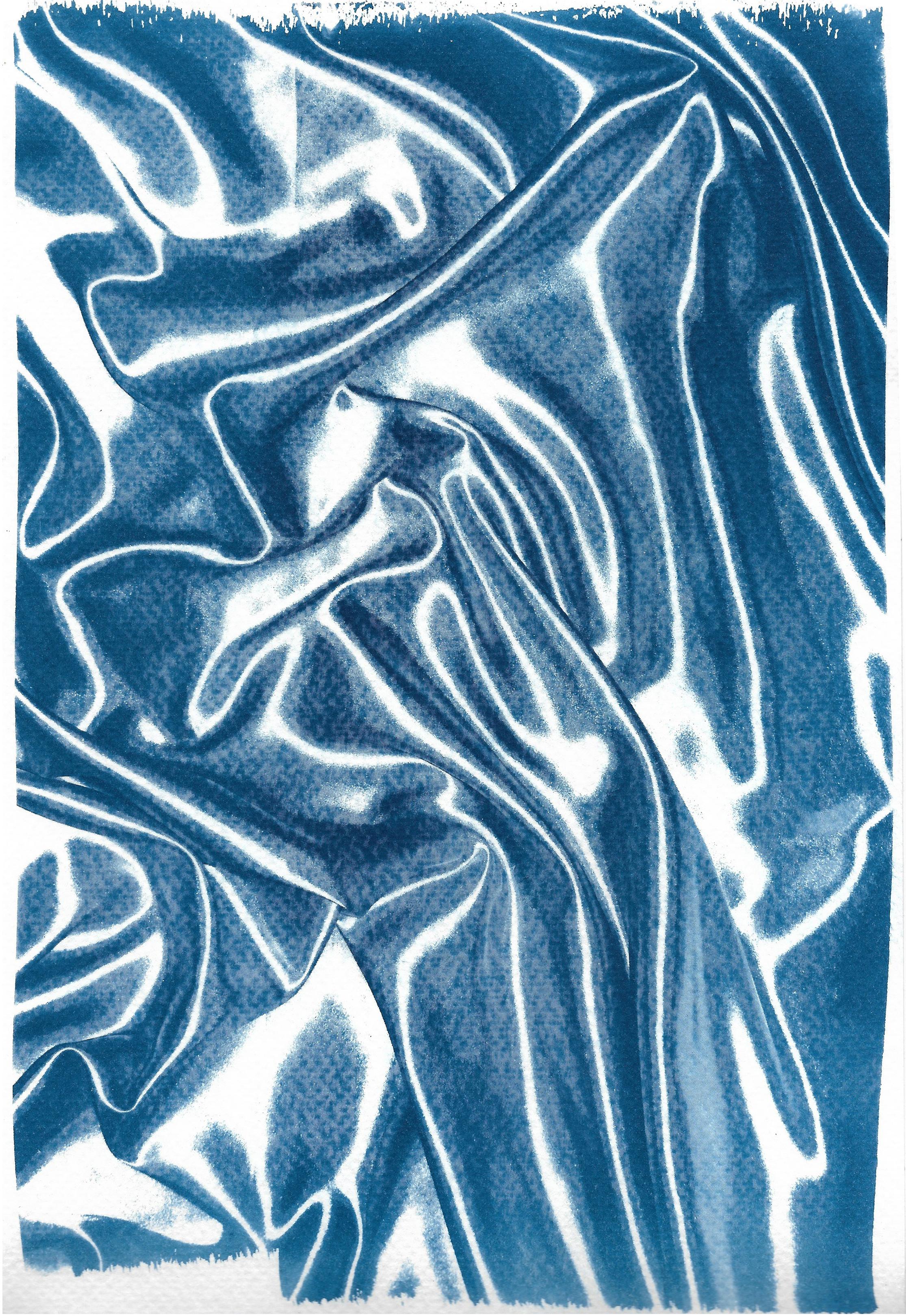 Kind of Cyan Abstract Print - Silk Whisper in Classic Blue, Blueprint on Watercolor Paper, Subtle Memories
