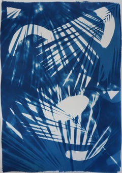 Tropical Palm Leaf Shades, Original Photogram on Watercolor Paper, Cyanotype