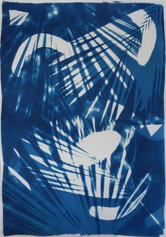 Tropical Palm Leaf Shades, Original Photogram on Watercolor Paper, Cyanotype 