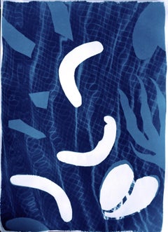 Botanical Floating Shapes over a Pool Pattern, Photogram on Watercolor Paper 