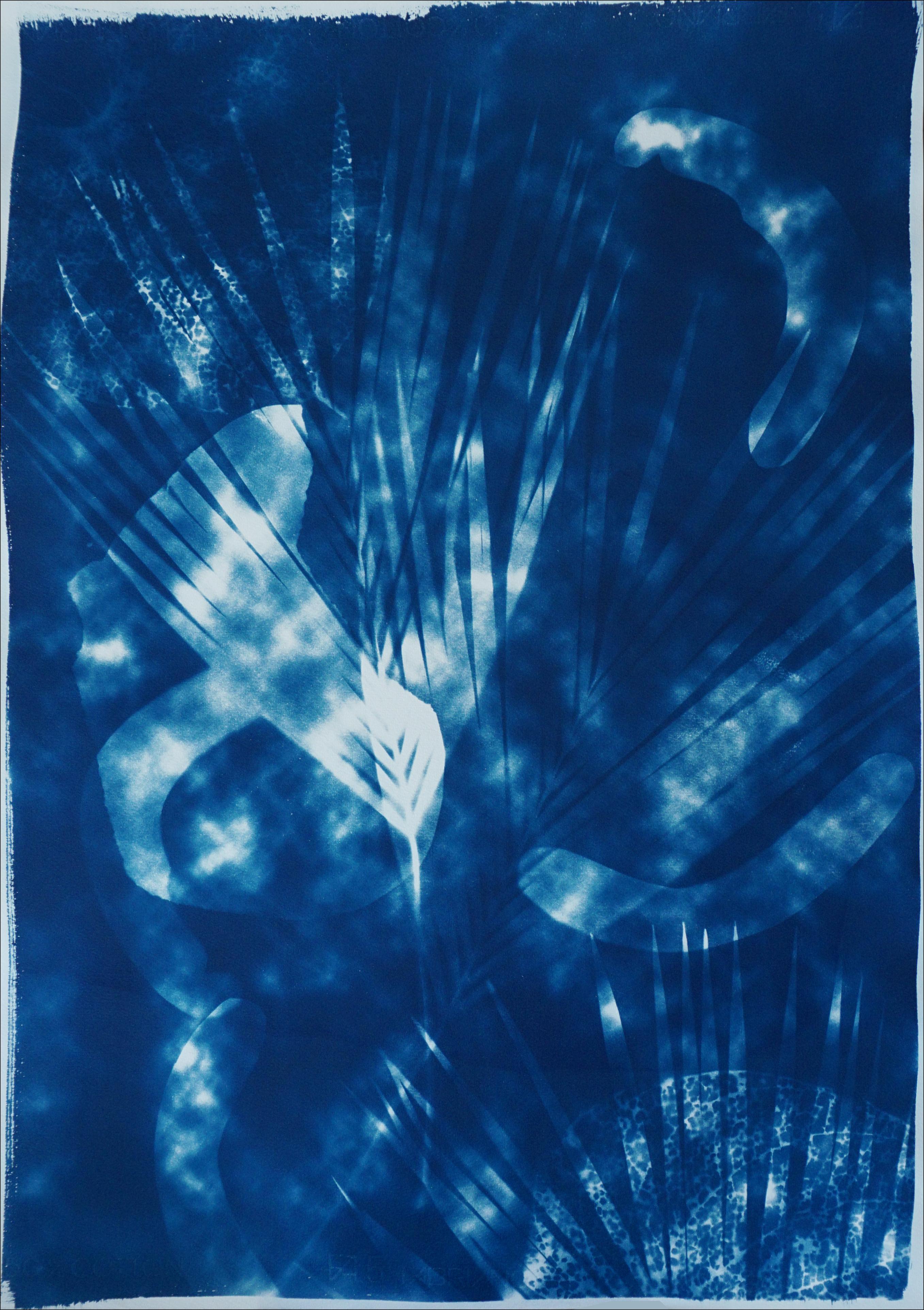 Kind of Cyan Abstract Drawing - Botanical Cyanotype with Abstract Cloudy Shades on Watercolor Paper, Unique 