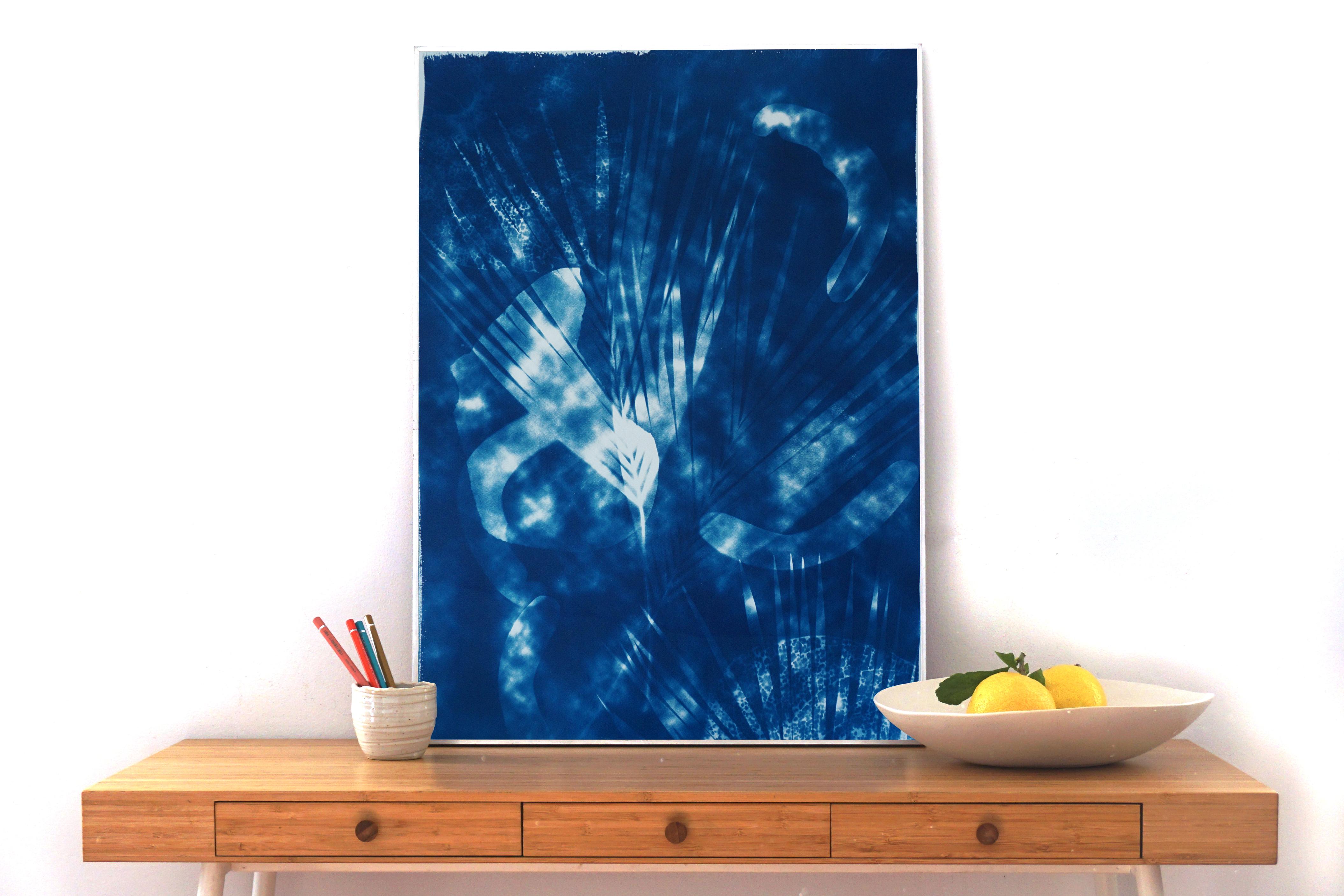 Botanical Cyanotype with Abstract Cloudy Shades on Watercolor Paper, Unique  - Art by Kind of Cyan