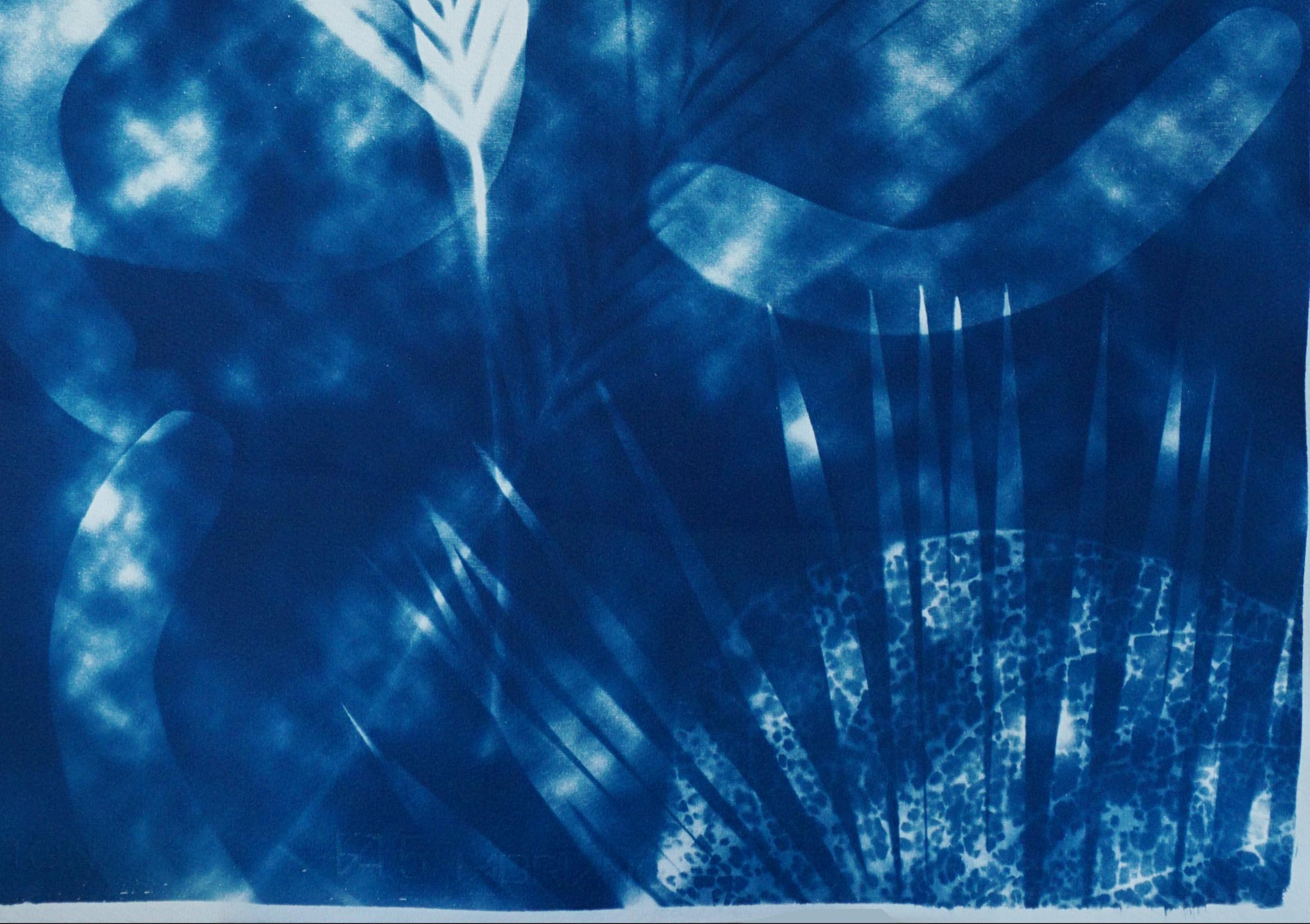 Botanical Cyanotype with Abstract Cloudy Shades on Watercolor Paper, Unique  - Blue Abstract Drawing by Kind of Cyan