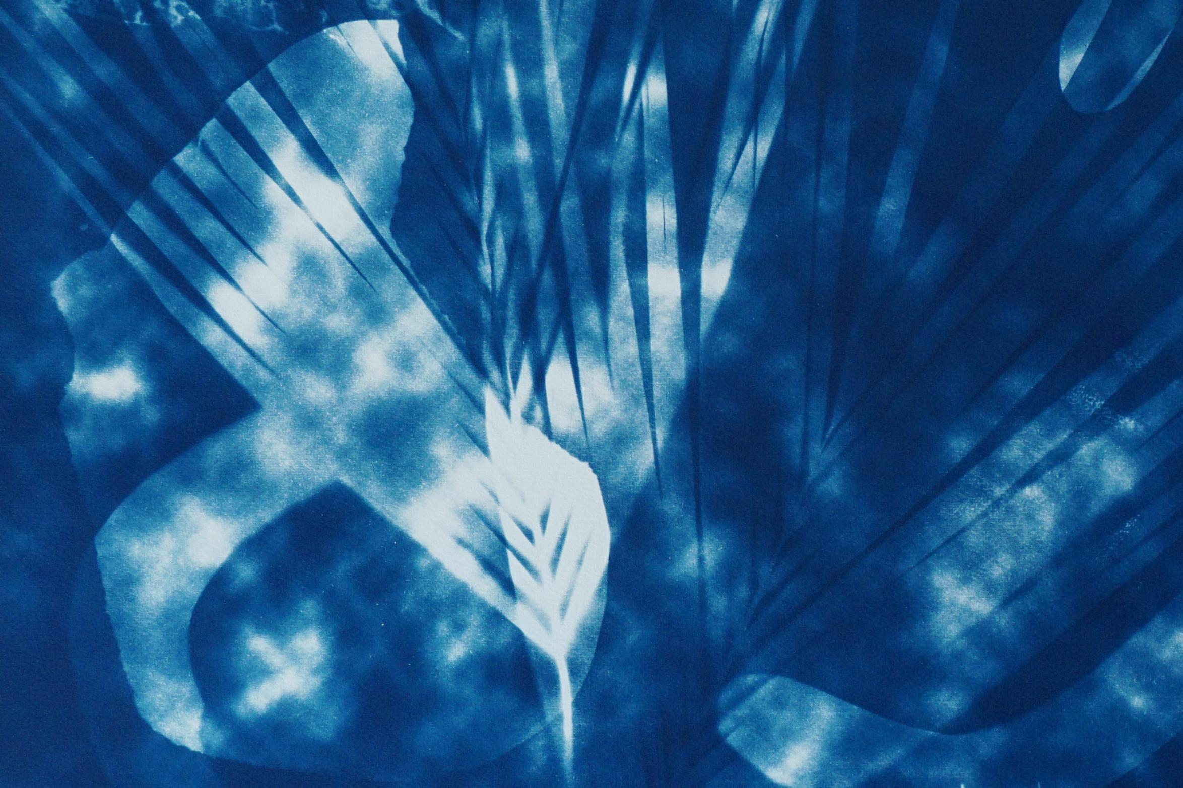 Botanical Cyanotype with Abstract Cloudy Shades on Watercolor Paper, Unique  - Naturalistic Art by Kind of Cyan