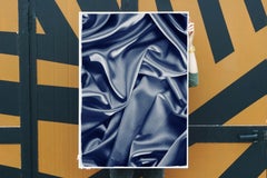 Smooth Fabric Composition, Classic Blue Cyanotype, Sensual Scene Large Painting