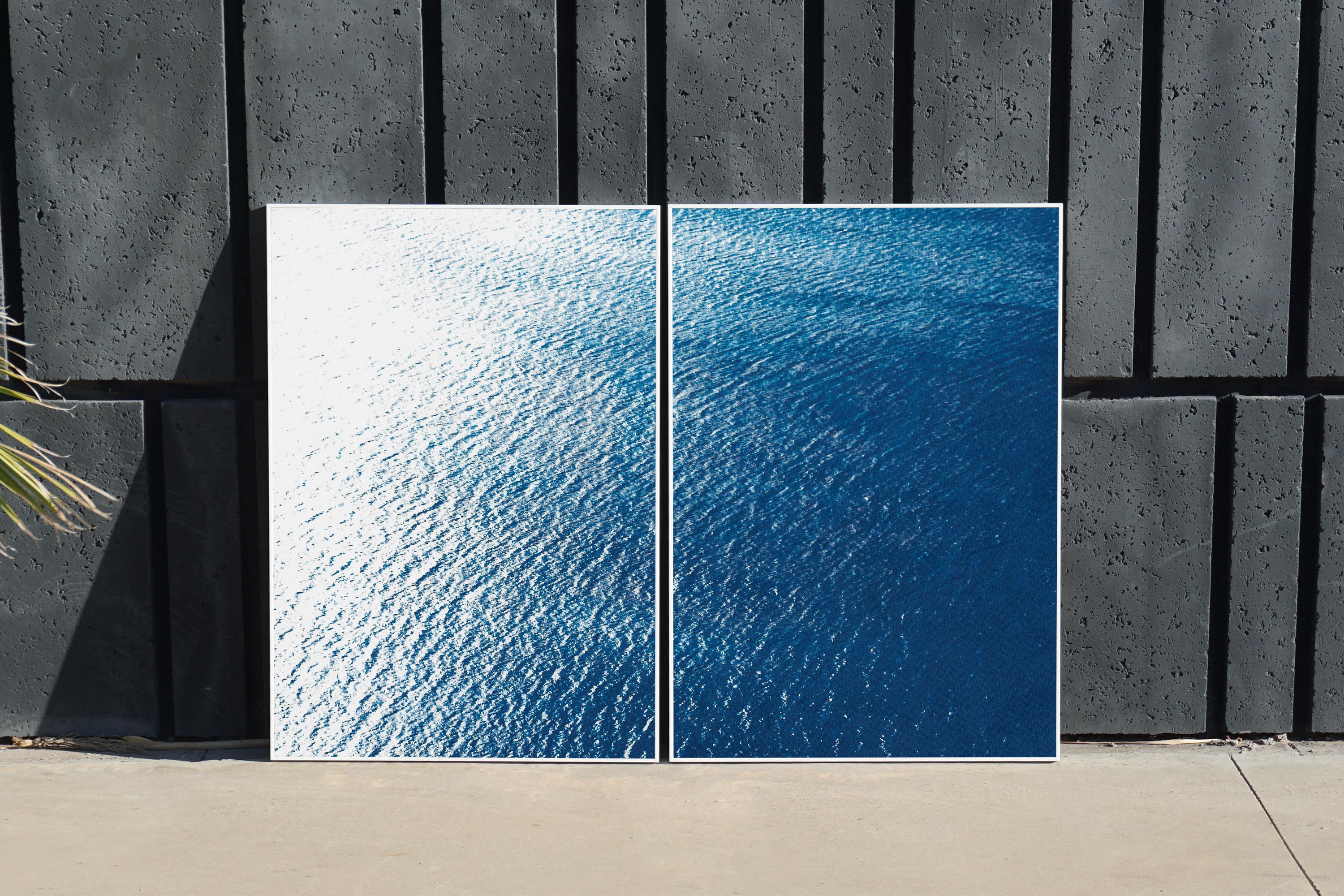Smooth Bay in the Mediterranean, Classic Blue Diptych, Zen Seascape Coastal Life - Abstract Impressionist Painting by Kind of Cyan