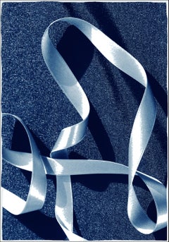 Classic Blue Fabric with White Silk Ribbon, Large Handmade Cyanotype 100x70 cm