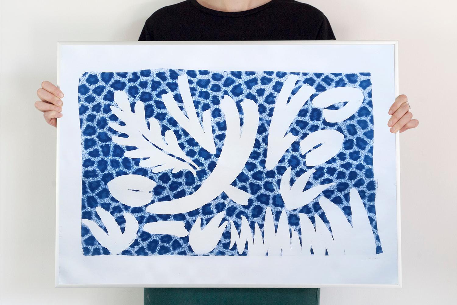 Botanical Garden Shapes on Animal Print Background, Handmade Photogram or Mono - Abstract Art by Kind of Cyan