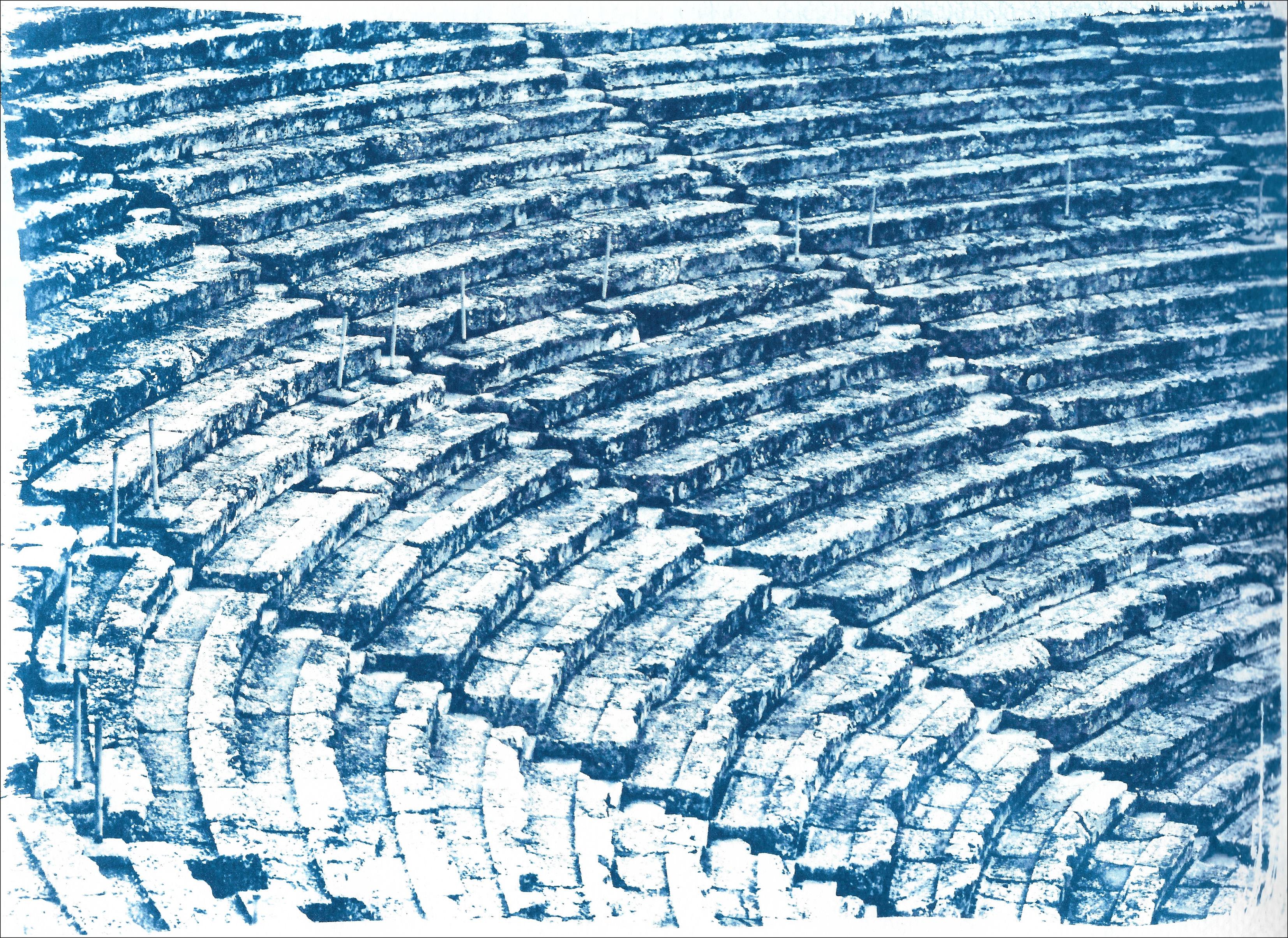Ancient Roman Amphitheater in Blue, Greek Architecture Handmade Cyanotype Print