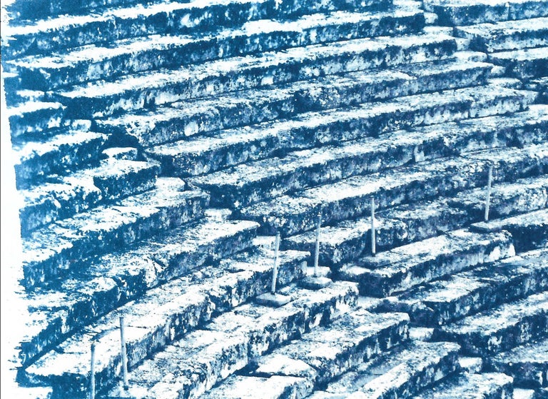 Ancient Roman Amphitheater in Blue, Greek Architecture Handmade Cyanotype Print For Sale 1