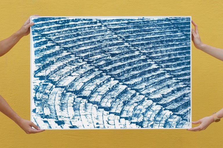 Ancient Roman Amphitheater in Blue, Greek Architecture Handmade Cyanotype Print For Sale 2