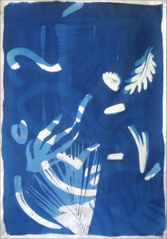 Botanical Shapes on Subtle Purple Marble, Classic Cyanotype on Watercolor Paper