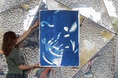 Botanical Shapes on Subtle Purple Marble, Classic Cyanotype on Watercolor Paper