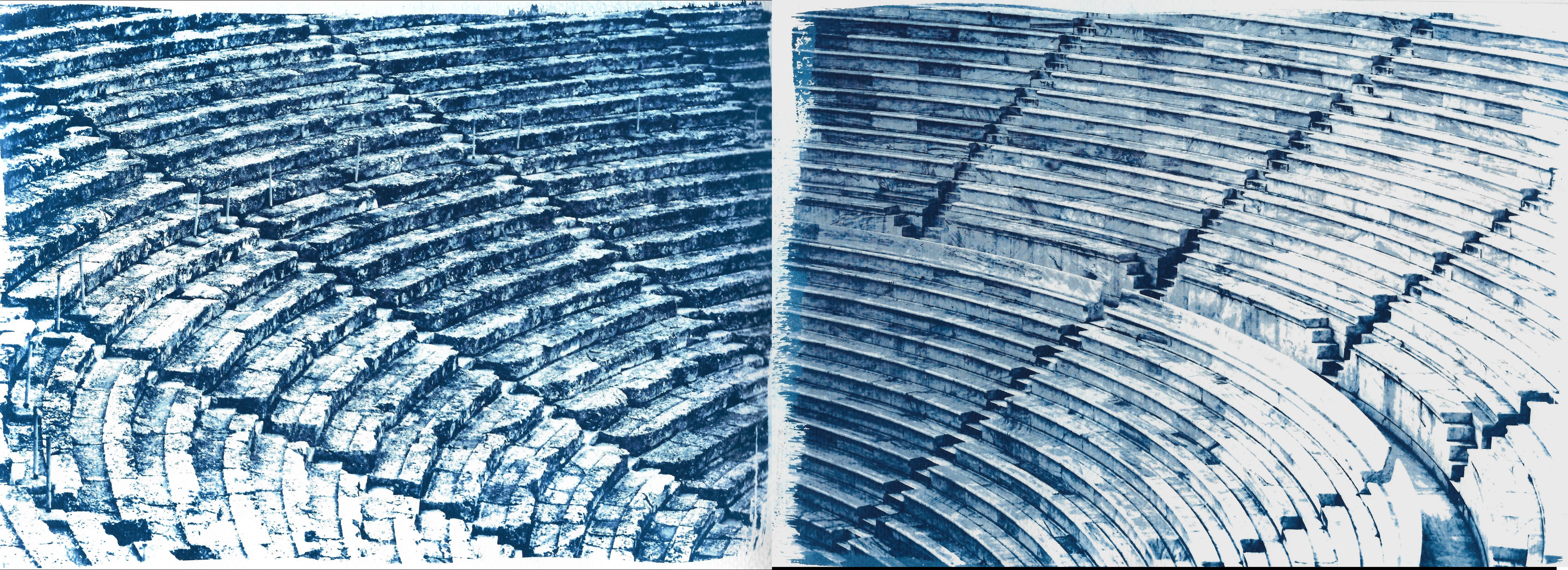 Kind of Cyan Landscape Print - Diptych of Ancient Theaters, 200cmx70cm Cyanotypes, Greek and Roman Architecture