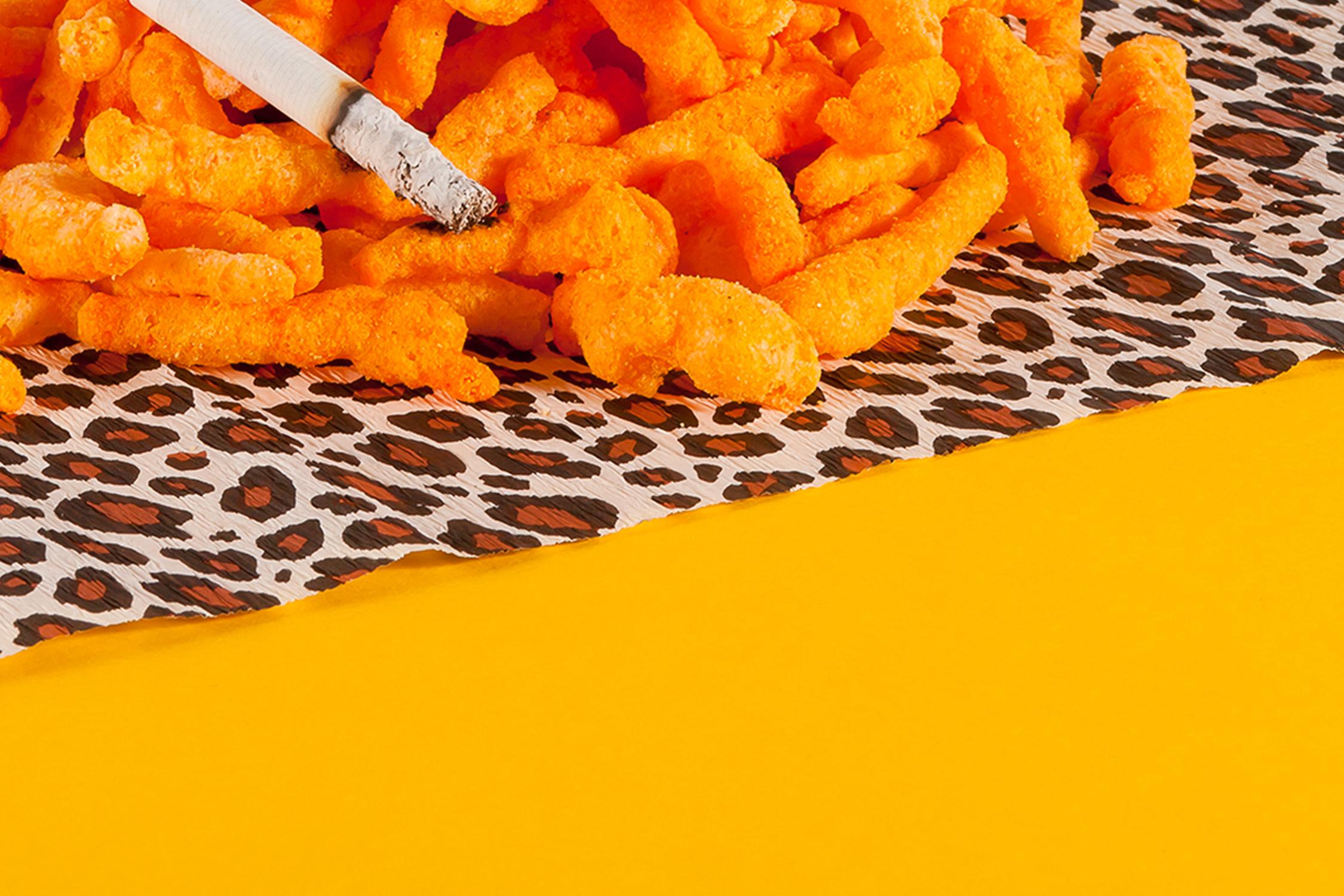 Nature morte de la nourriture grasse, imprimé moderne de  Scène alimentaire orange, imprimé animal  Texture en vente 1