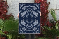 Vintage Pressed Flowers, Botanical Cyanotype on Watercolor Paper, Classic Blue