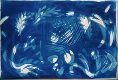 Botanical Shapes on Subtle Purple Marble, Classic Cyanotype on Watercolor Paper