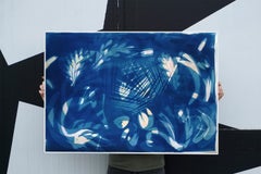 Botanical Shapes on Subtle Purple Marble, Classic Cyanotype on Watercolor Paper