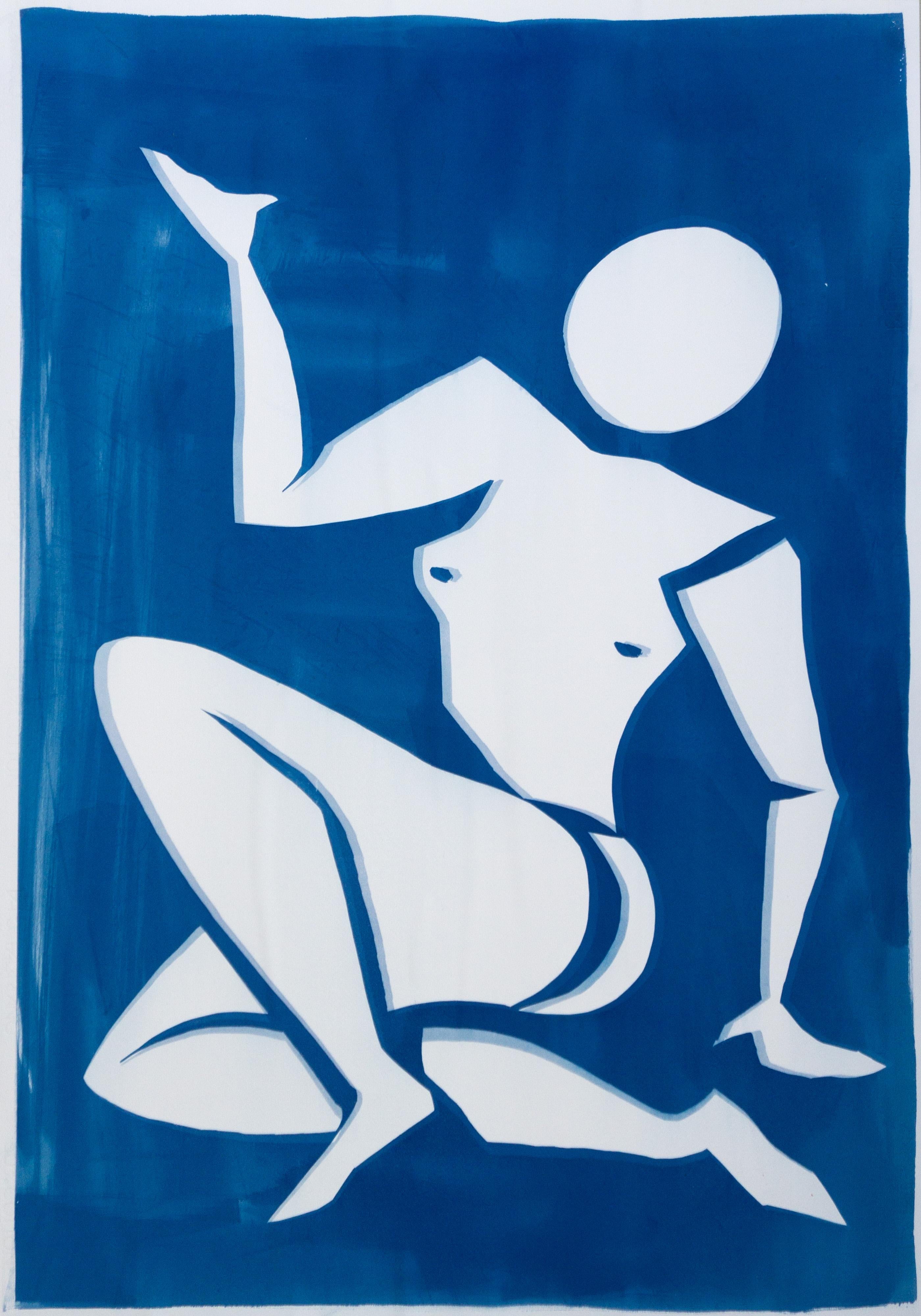 Kind of Cyan Figurative Print - Matisse Cutout Inspiration, Blue Nude Classical Cyanotype on Watercolor Paper