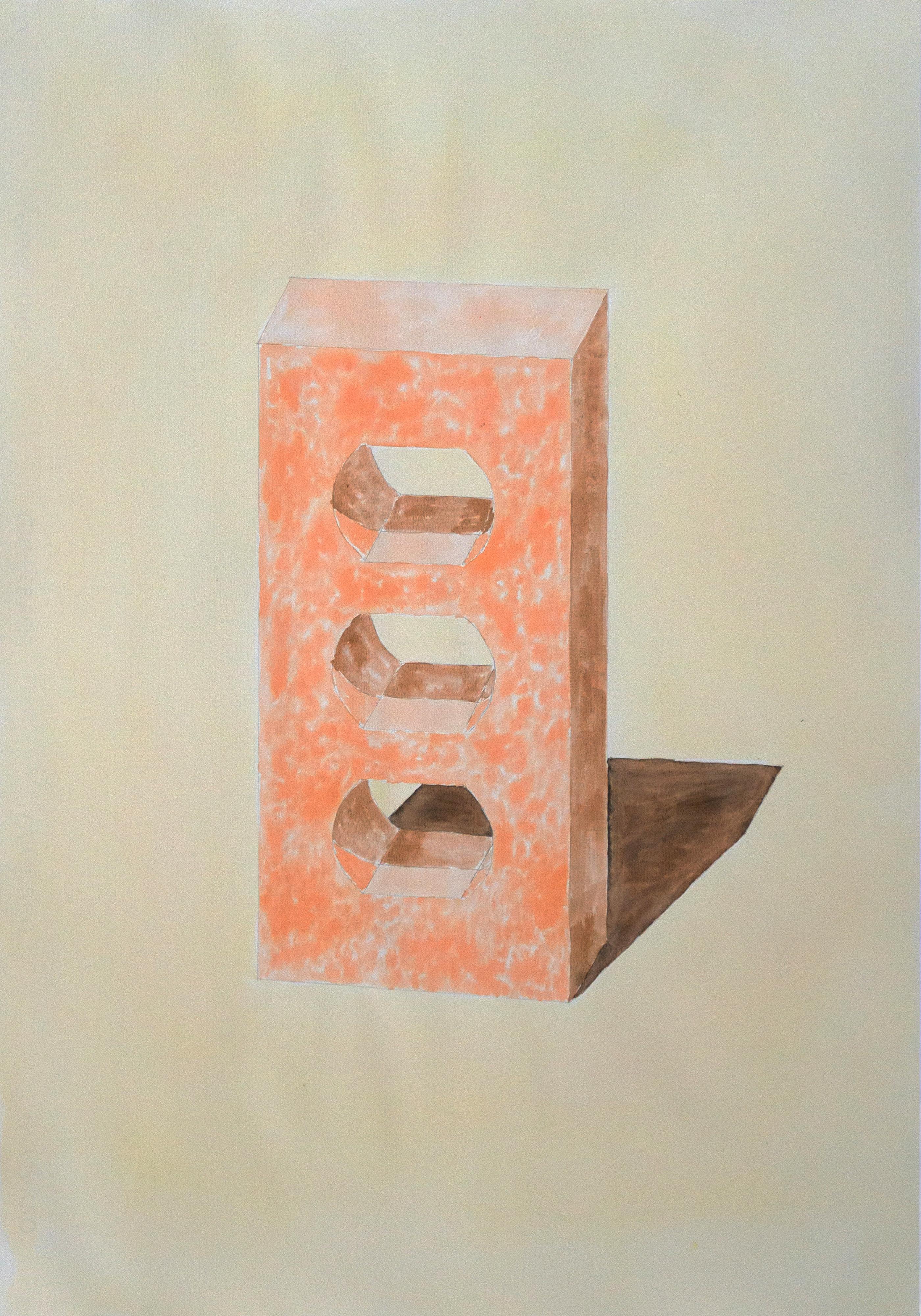 Ryan Rivadeneyra Still-Life - Yellow and Orange Brick, Hand Painted Watercolor on Paper, Ink Drawing, 100x70cm