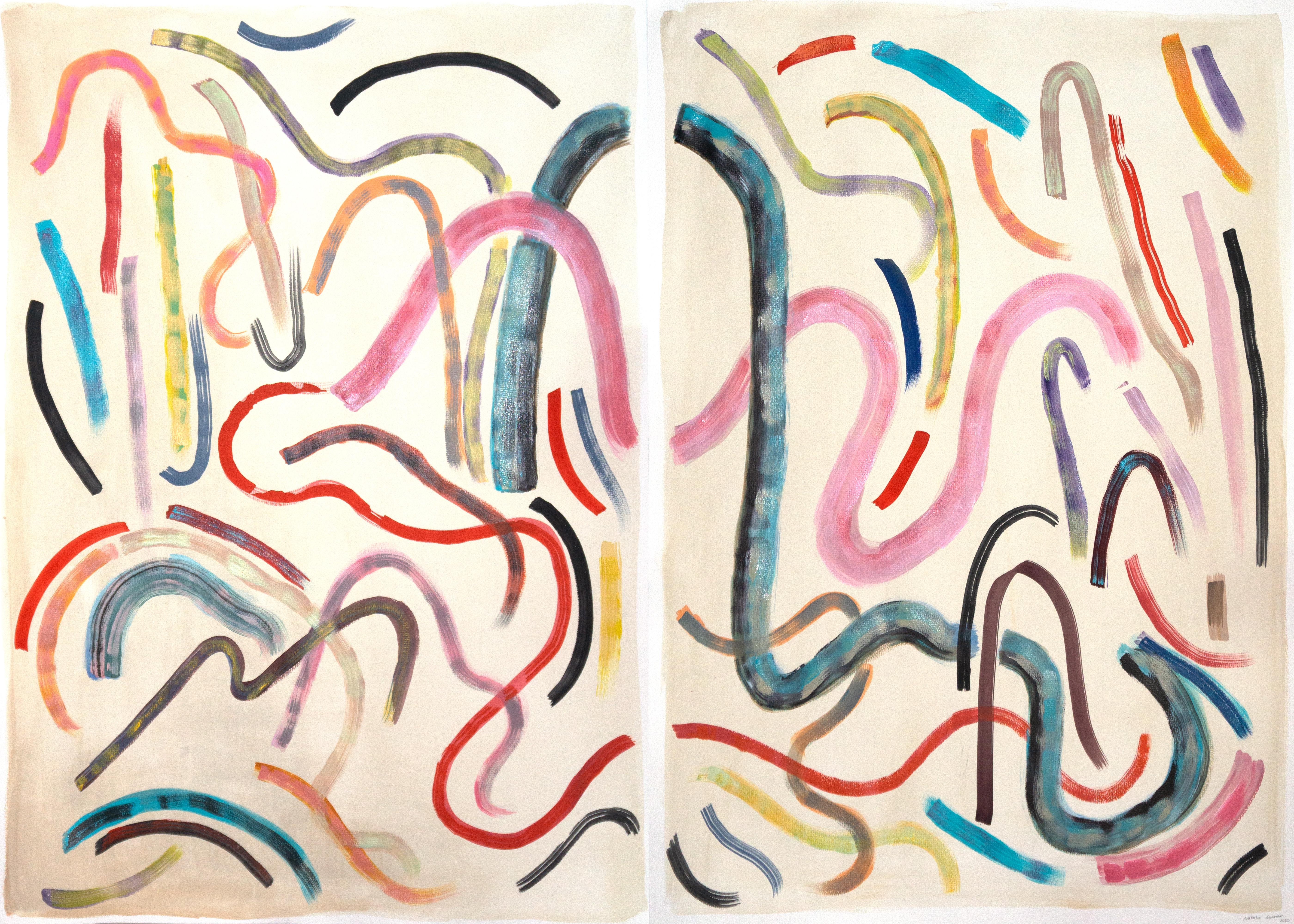 Kind of Cyan Abstract Painting - Loose Colorful Gestures, 100x140 cm Diptych, Mixed Media on Watercolor Paper