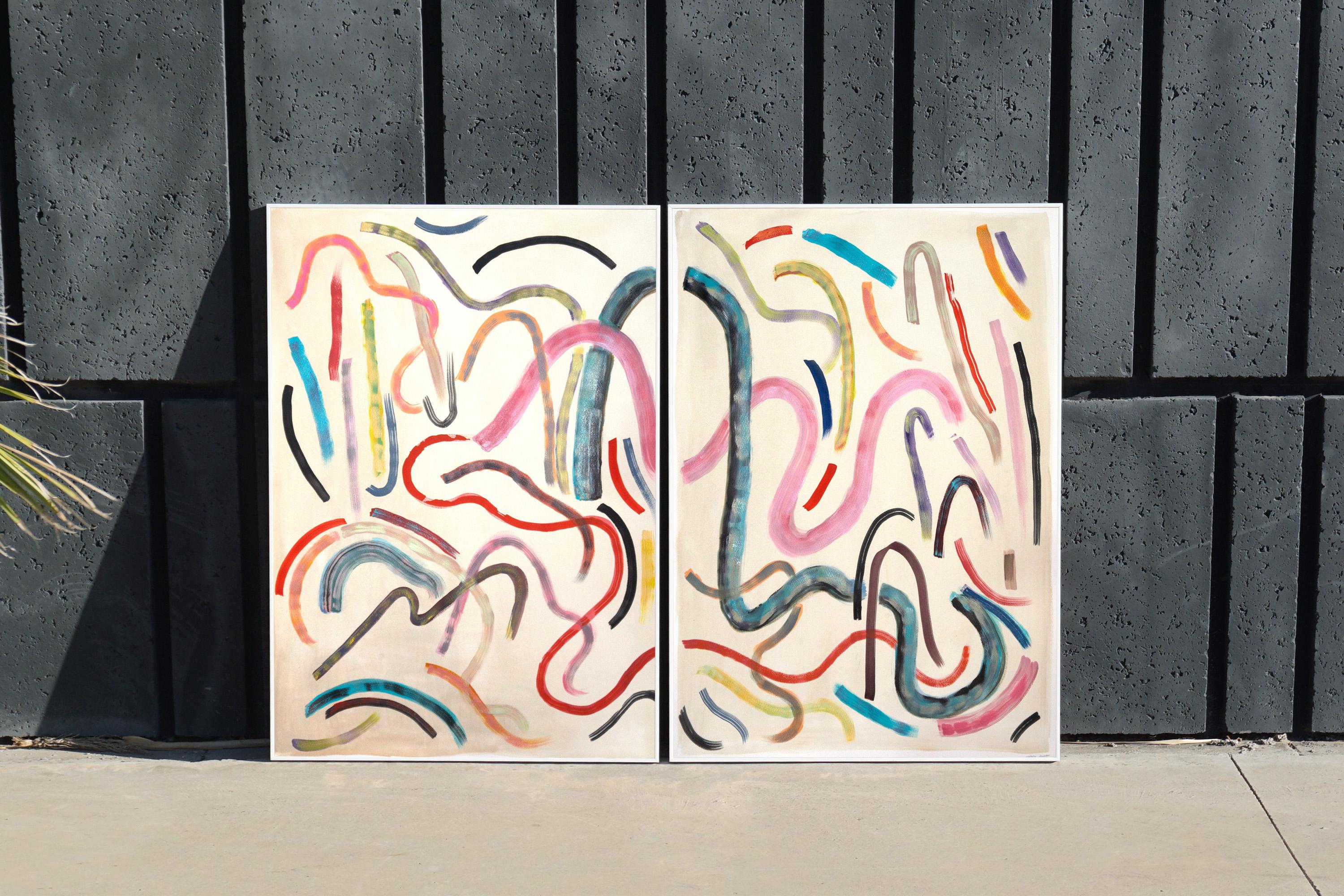 Loose Colorful Gestures, 100x140 cm Diptych, Mixed Media on Watercolor Paper - Painting by Kind of Cyan
