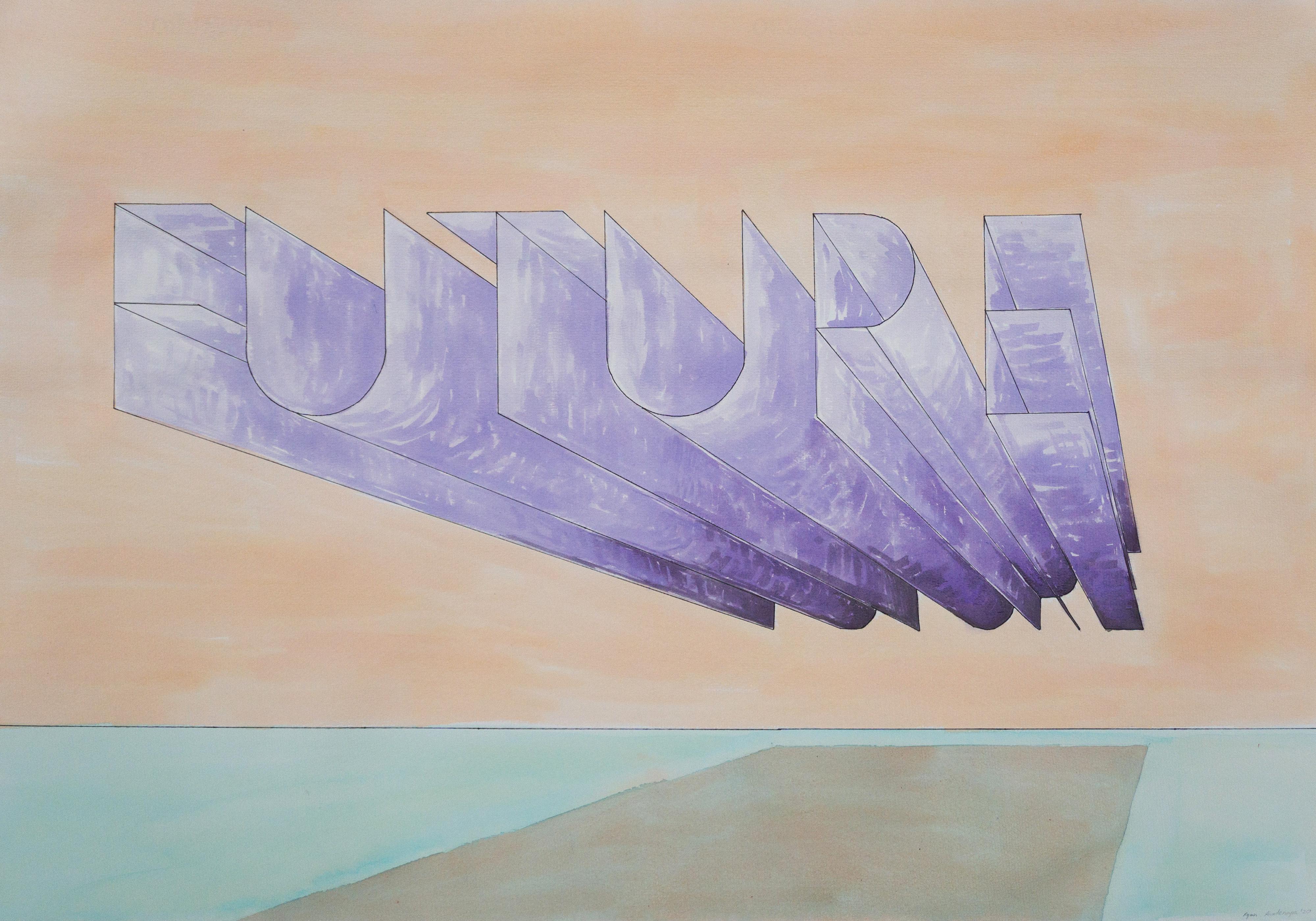 Ryan Rivadeneyra Still-Life - Future, Hand Painted Watercolor, Drawing, Ed Ruscha Style Large Word Art, 100x70