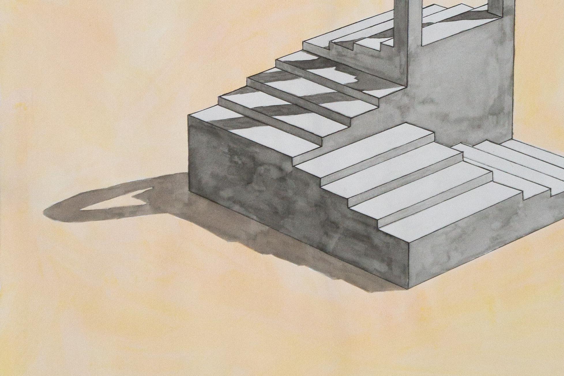 Arch with Stairs, Hand Painted Watercolor, Sol Lewitt Architecture Style on Tan - Surrealist Art by Ryan Rivadeneyra