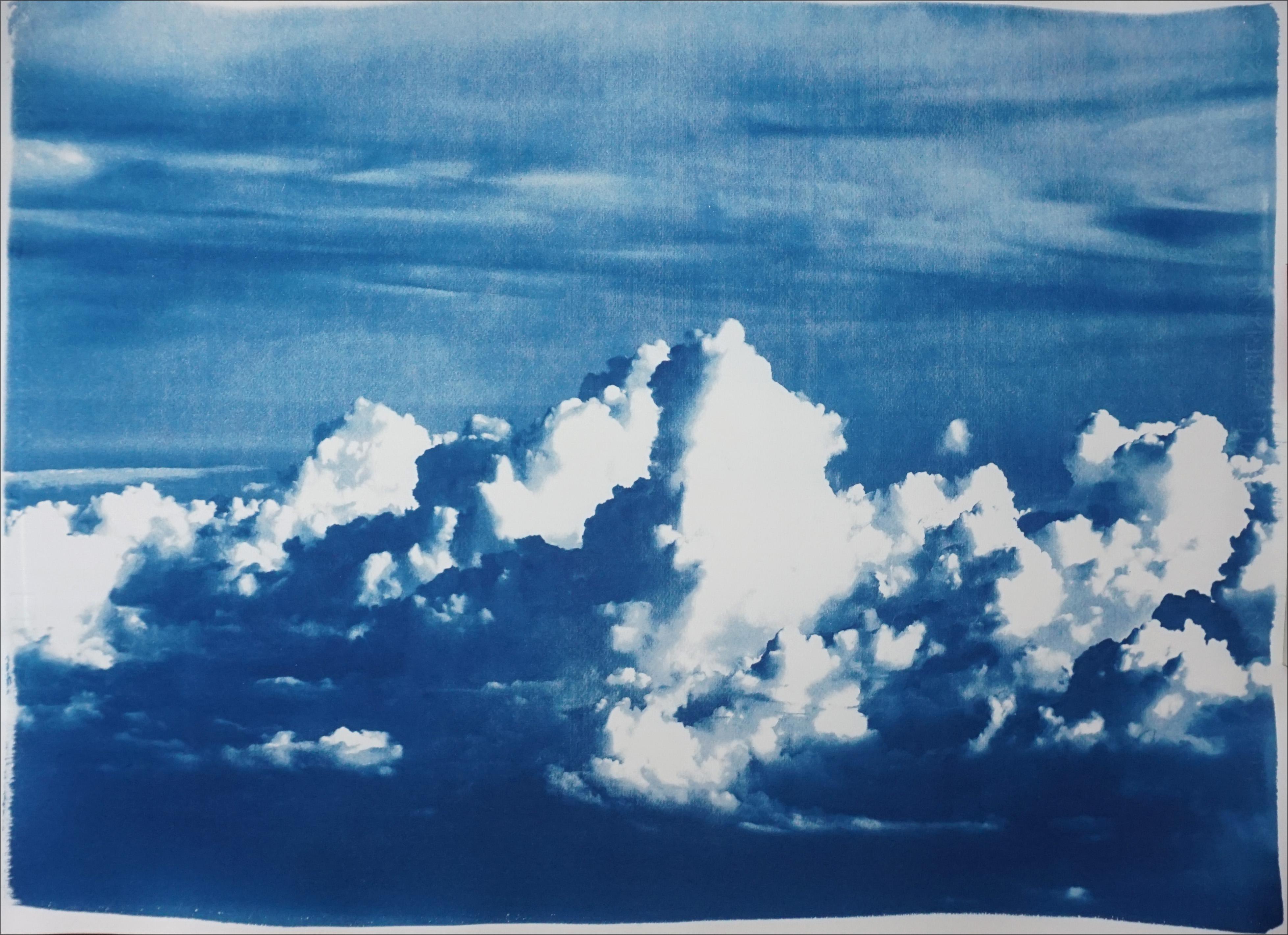 Kind of Cyan Landscape Art - Blustery Clouds After a Storm, Sky Blue Handprinted Cyanotype, Meaningful Scene