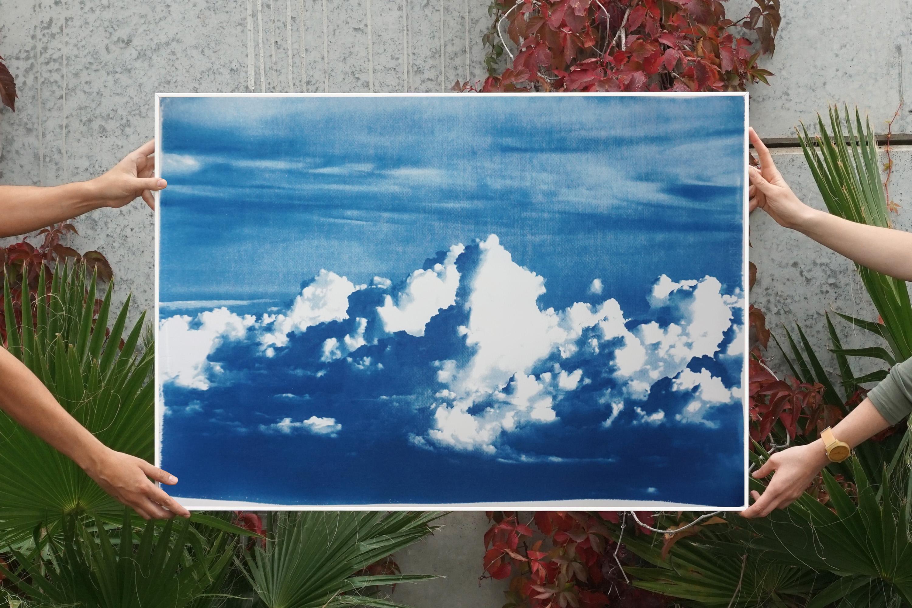 Blustery Clouds After a Storm, Sky Blue Handprinted Cyanotype, Meaningful Scene (Blau), Landscape Art, von Kind of Cyan