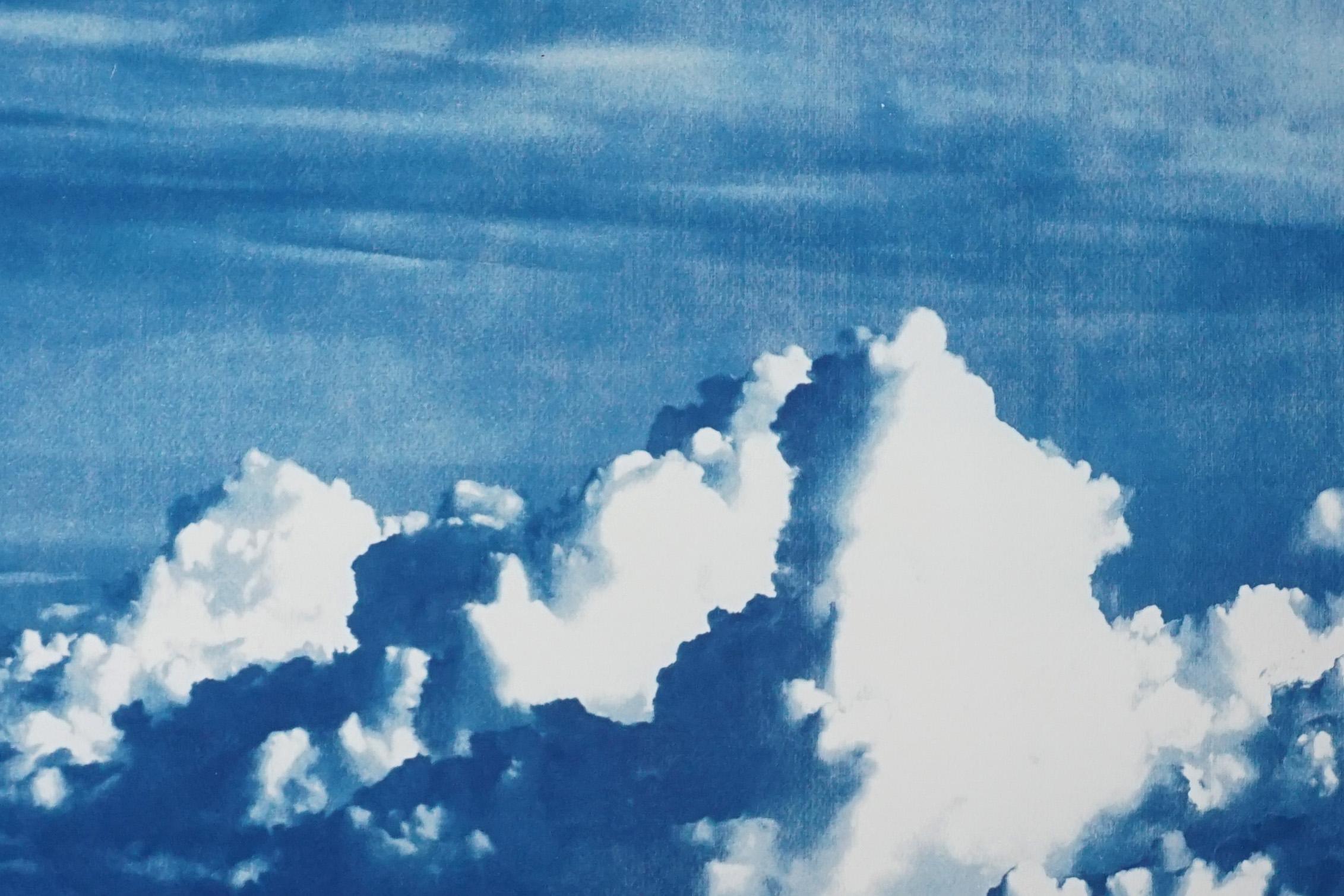 Blustery Clouds After a Storm, Sky Blue Handprinted Cyanotype, Meaningful Scene (Naturalismus), Art, von Kind of Cyan
