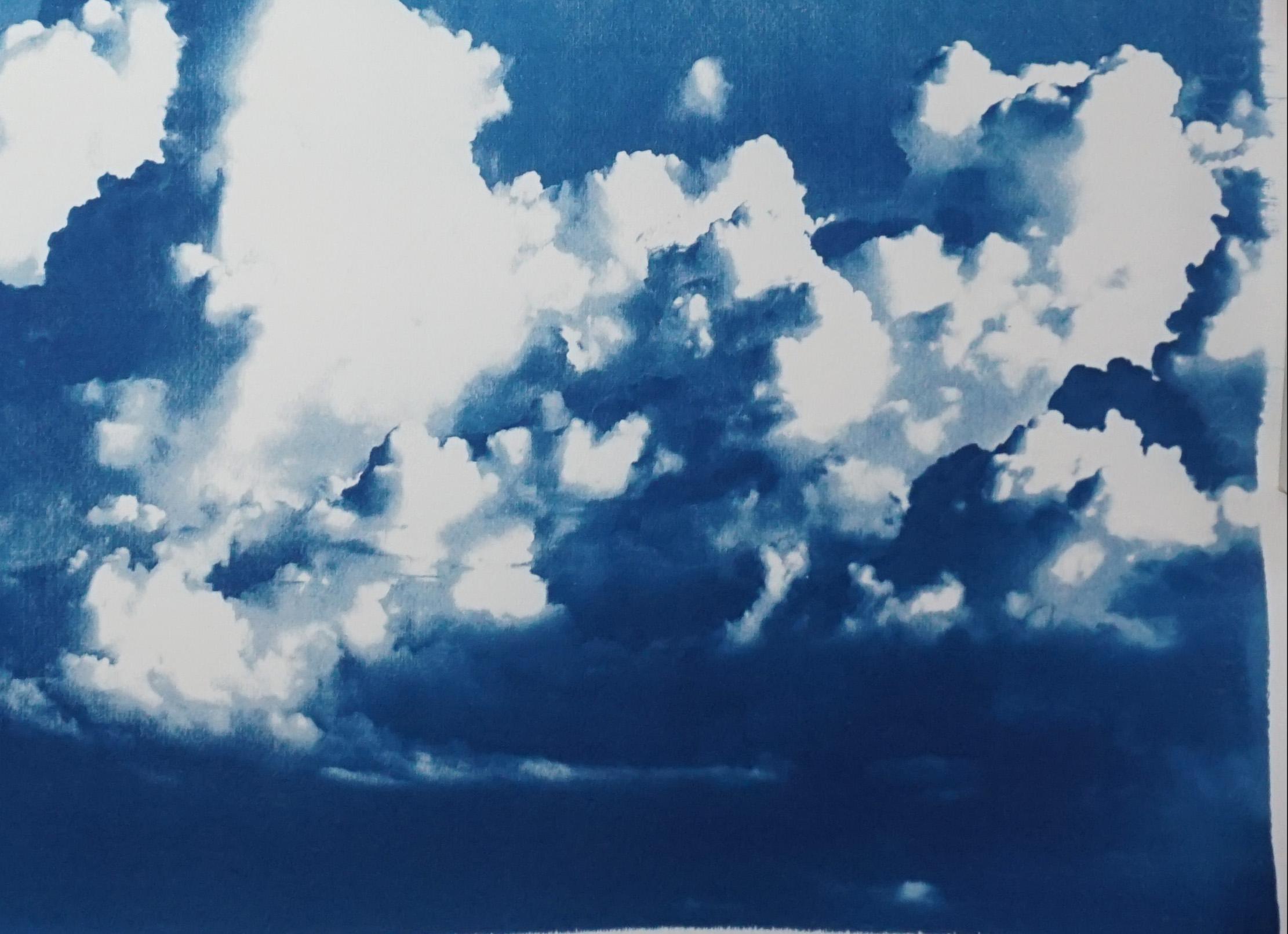 Blustery Clouds After a Storm, Sky Blue Handprinted Cyanotype, Meaningful Scene - Naturalistic Art by Kind of Cyan