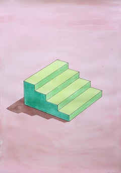 « Sol Lewitt Stairs in Green », aquarelle sur papier 70 x 50 cm, architecture calcaire