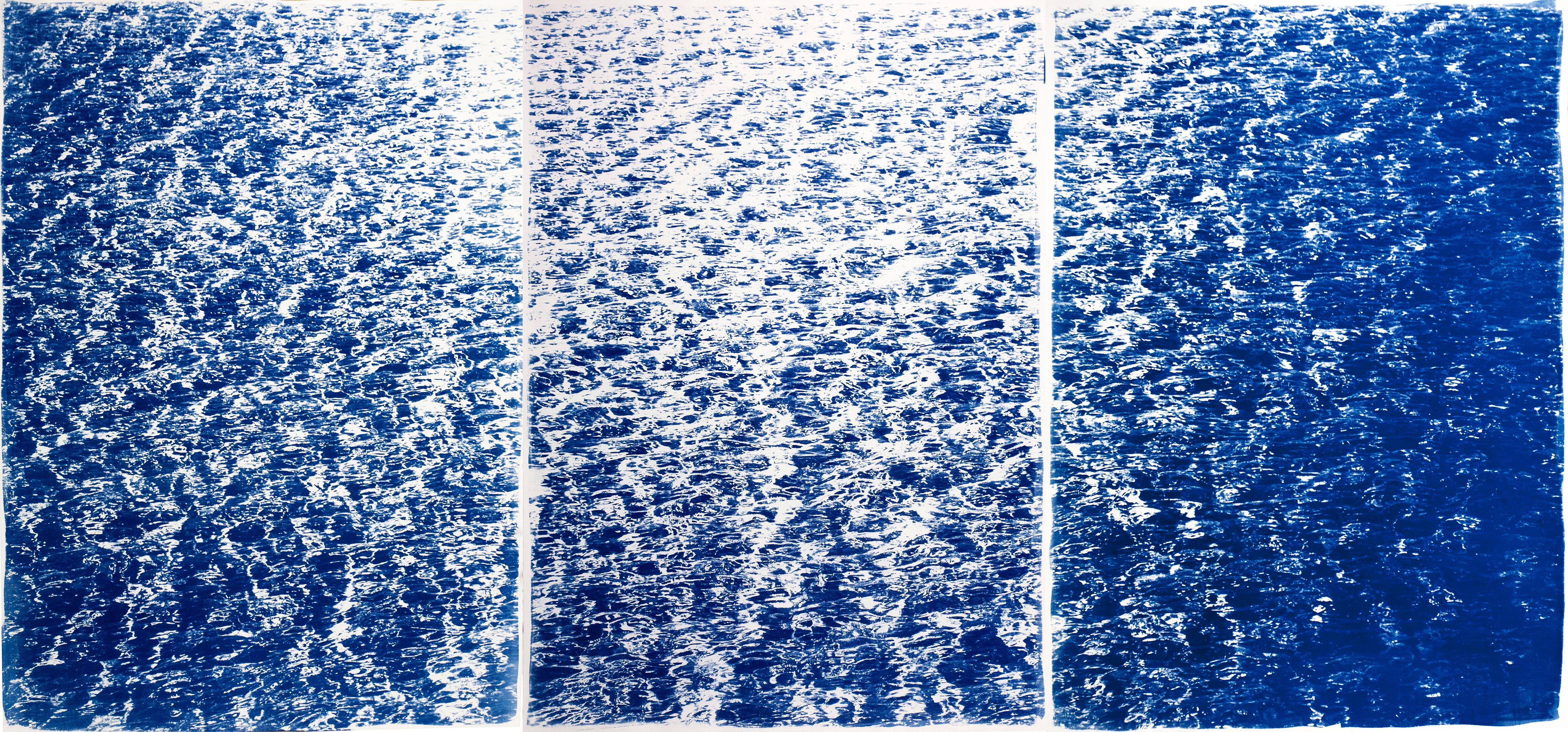 Kind of Cyan Landscape Photograph - French Riviera Cove, Triptych, Cyanotype on Watercolor Paper, 100x210cm, Ocean