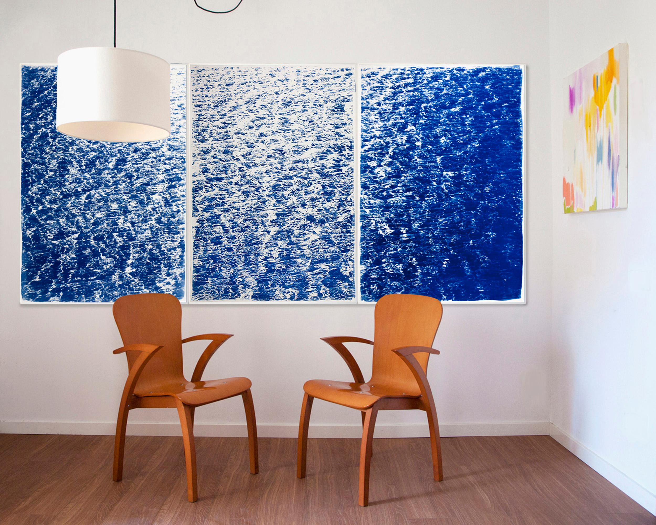 French Riviera Cove, Triptych, Cyanotype on Watercolor Paper, 100x210cm, Ocean - Photograph by Kind of Cyan