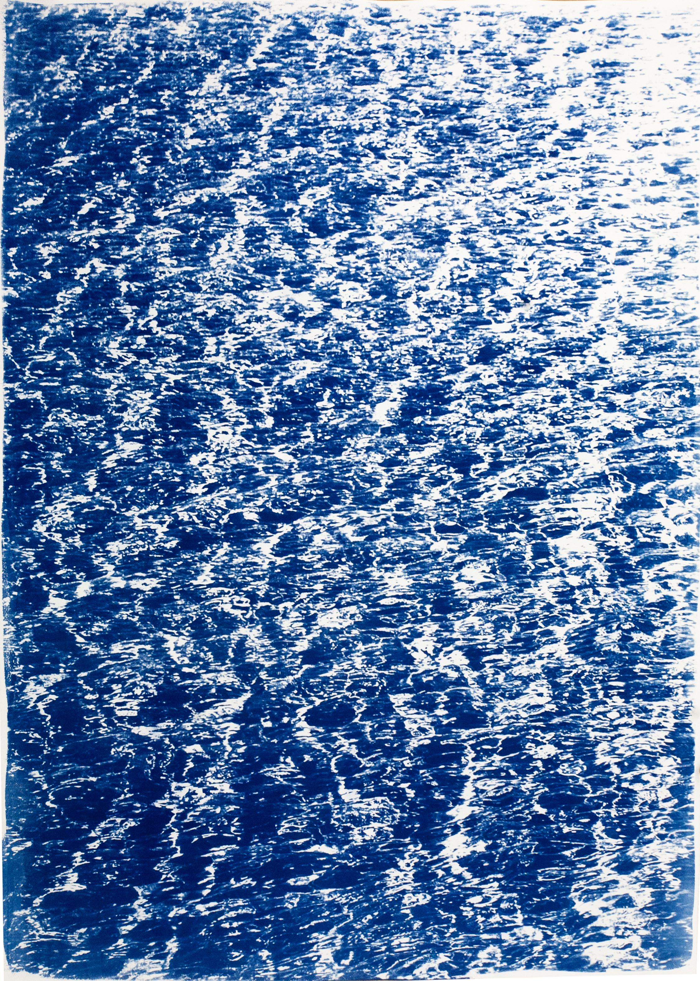 French Riviera Cove, Triptych, Cyanotype on Watercolor Paper, 100x210cm, Ocean - Impressionist Photograph by Kind of Cyan