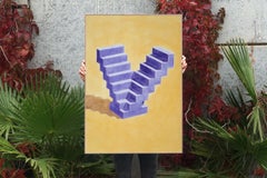 Escalier double:: aquarelle architecturale sur papier:: violet & Sculpture jaune