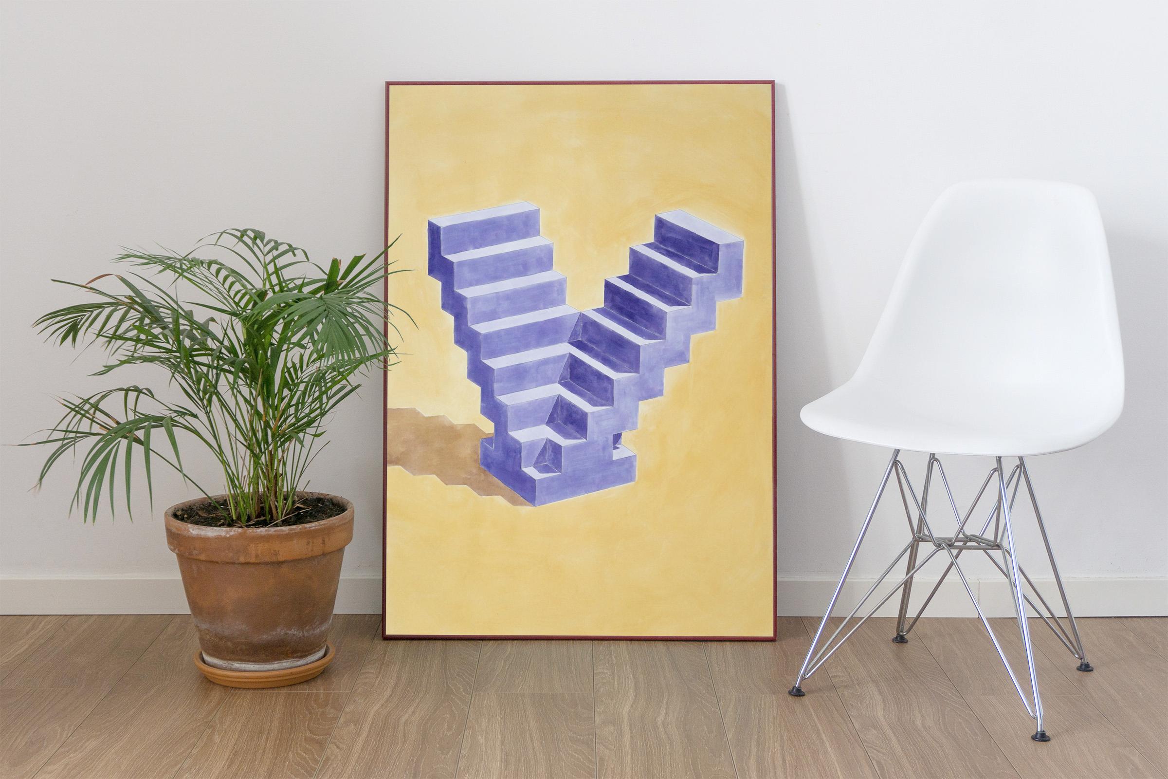 Double Staircase, Architectural Watercolor on Paper,  Purple & Yellow Sculpture - Abstract Geometric Art by Ryan Rivadeneyra