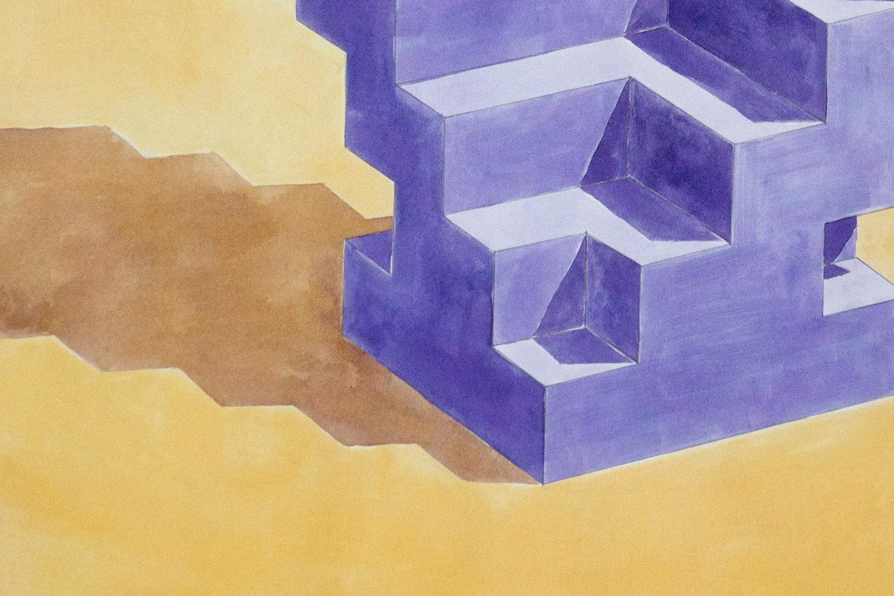 Double Staircase, Architectural Watercolor on Paper,  Purple & Yellow Sculpture - Beige Still-Life by Ryan Rivadeneyra