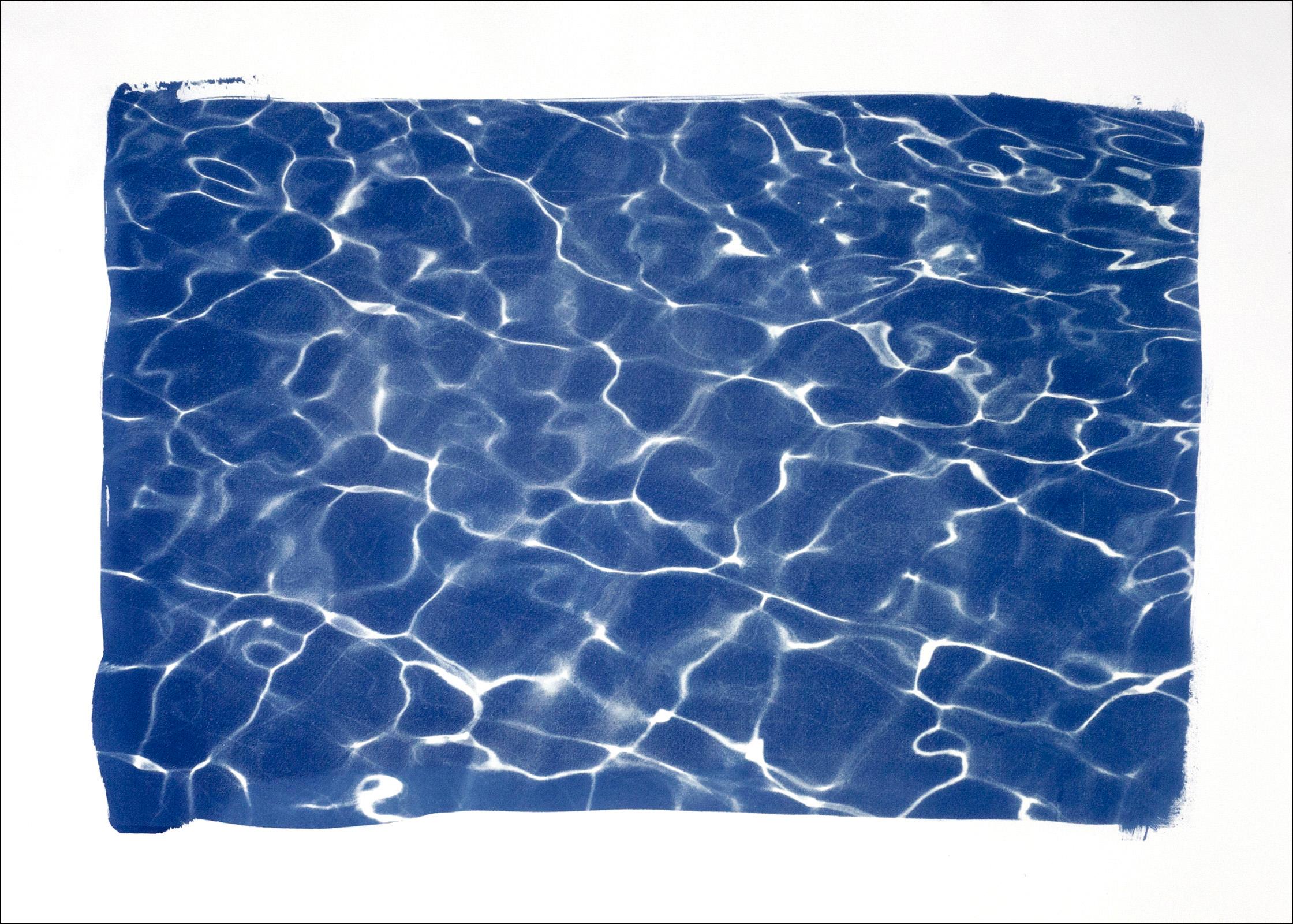 Kind of Cyan Abstract Drawing - Hollywood Pool House Glow, Cyanotype on Watercolor Paper, 100x70cm, Deep Blue