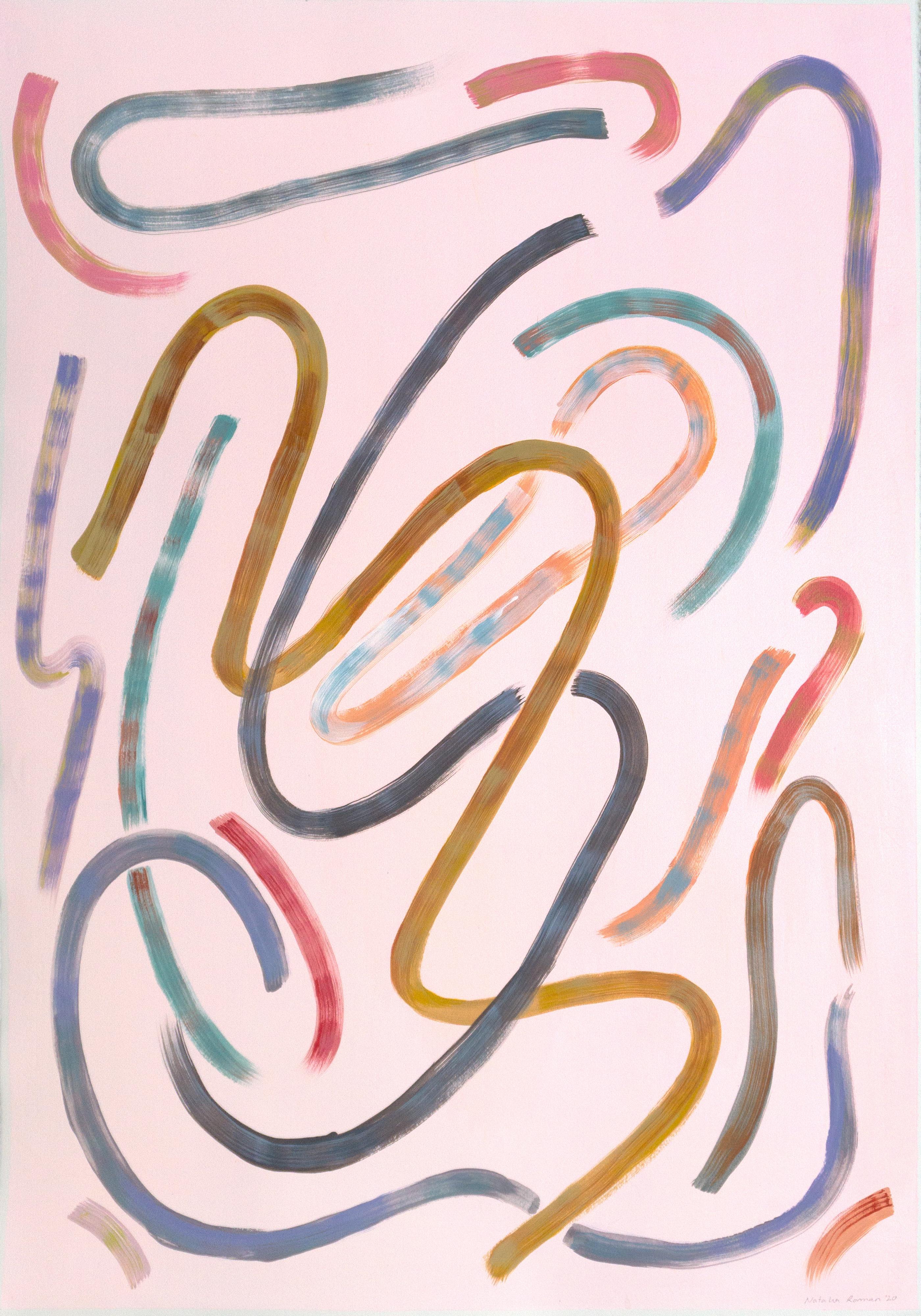 Lively Movements on Pastel Pink, Acrylic on Paper, Subtle Classy Tones, Abstract