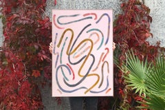 Abstract Gestures Painting, Lively Movements on Pastel Pink, Acrylic on Paper