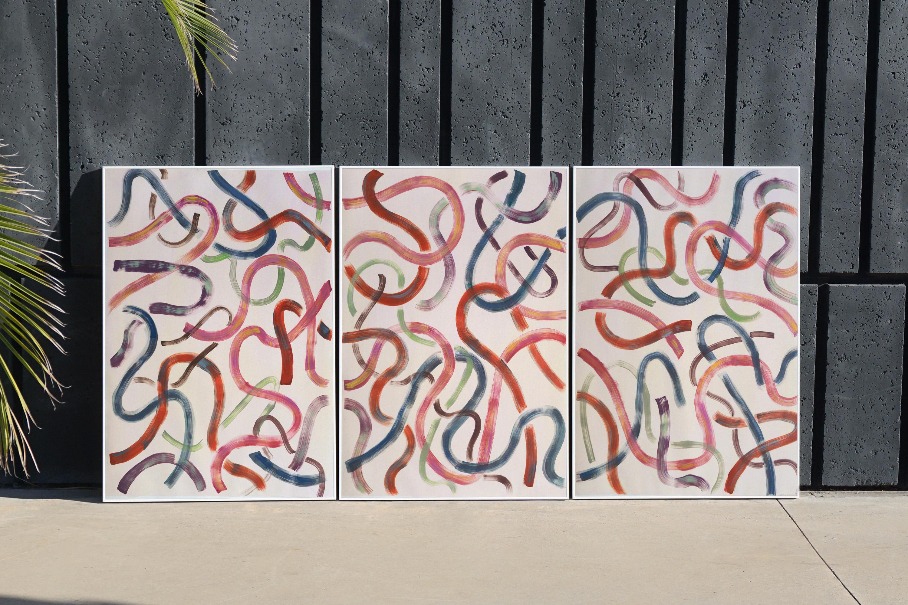 Colorful Contour Outlines in Ivory, 100x210 cm Triptych, Acrylic Abstract Modern - Painting by Natalia Roman