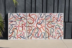 Colorful Contour Outlines in Ivory, 100x210 cm Triptych, Acrylic Abstract Modern