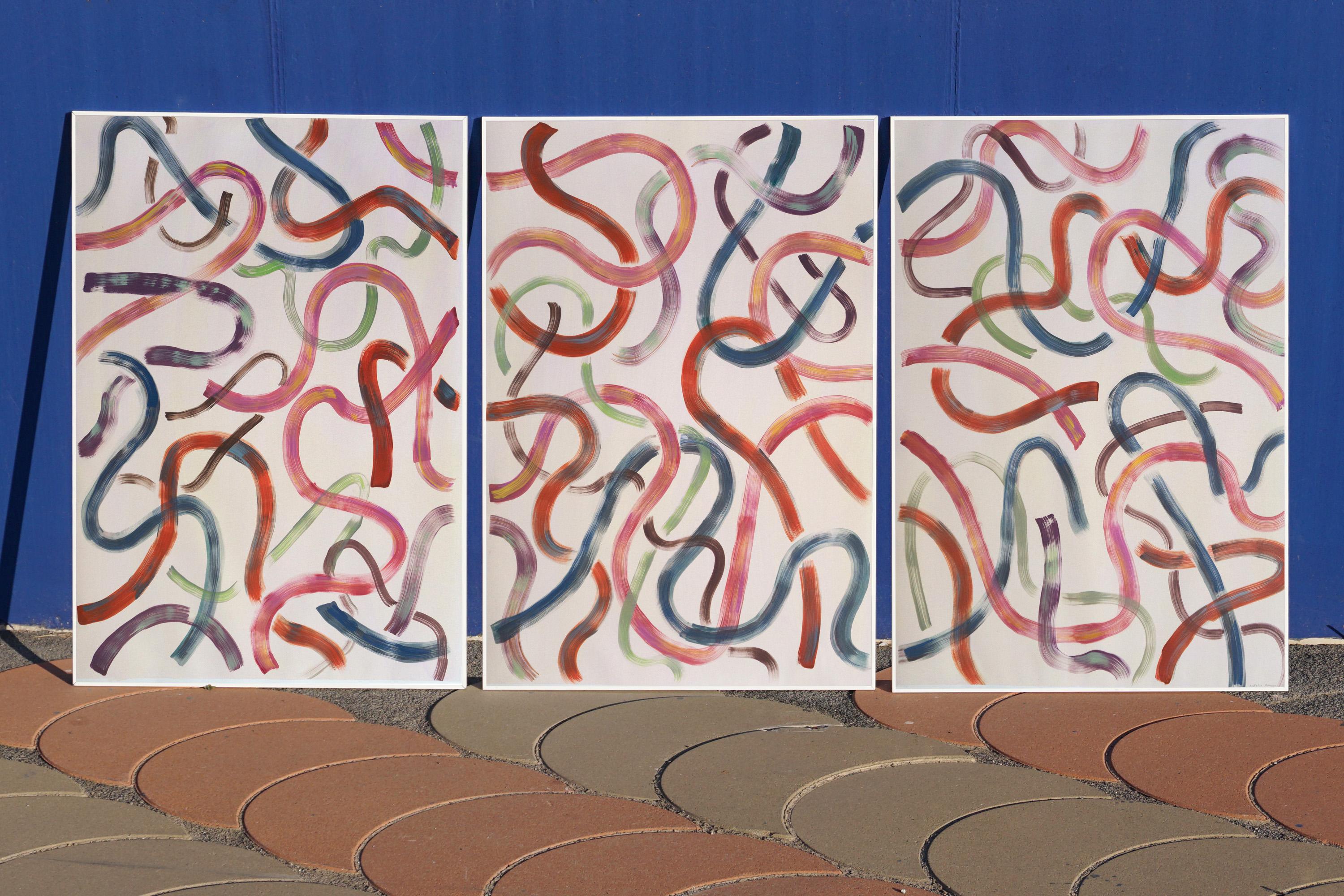Colorful Contour Outlines in Ivory, 100x210 cm Triptych, Acrylic Abstract Modern 8