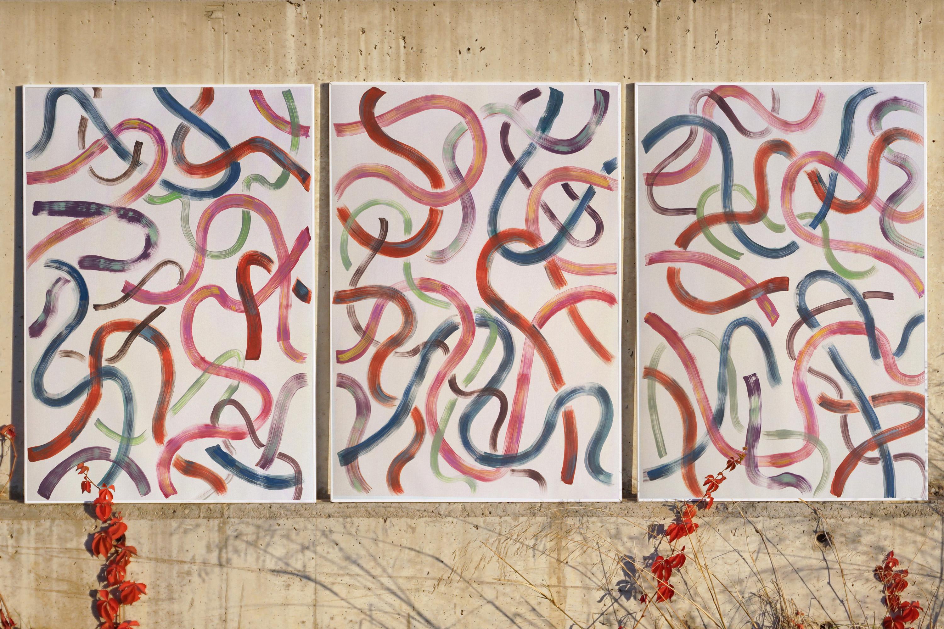 Colorful Contour Outlines in Ivory, 100x210 cm Triptych, Acrylic Abstract Modern 3