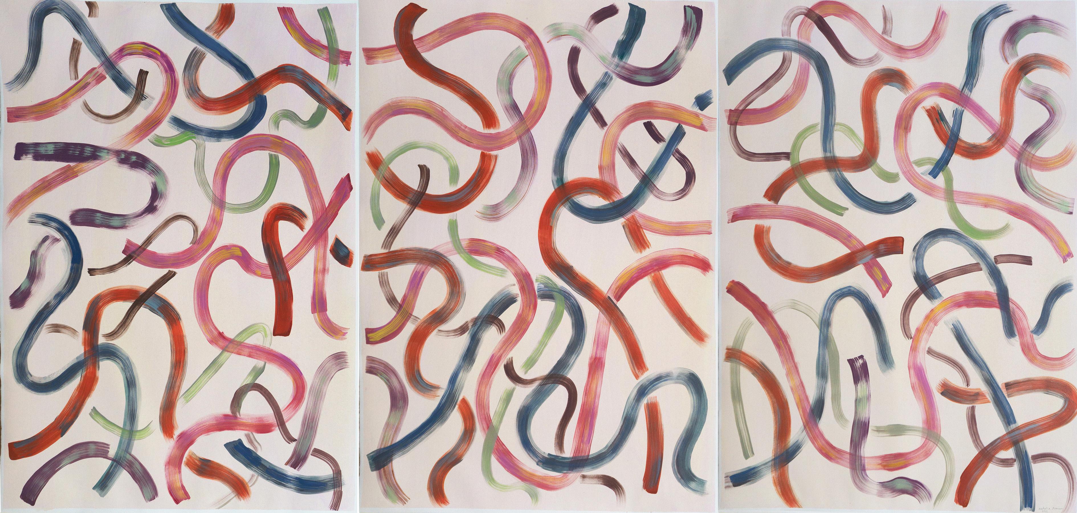 Natalia Roman Still-Life Painting - Colorful Contour Outlines in Ivory, 100x210 cm Triptych, Acrylic Abstract Modern